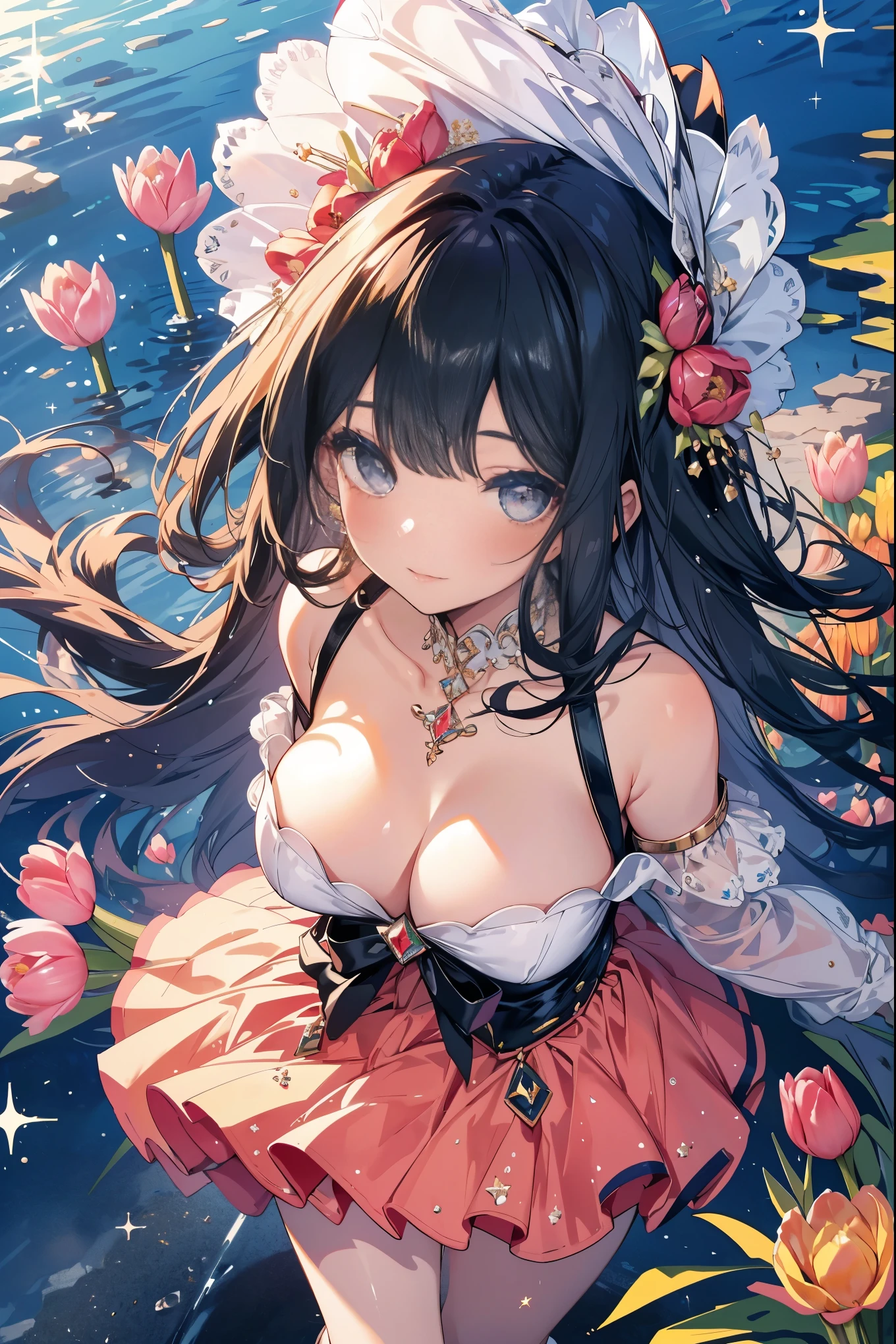 highest quality, masterpiece, long eyelashes, Sparkling輝く目, mini skirt, Sparkling, , show off your , You can see the cleavage of your, tulip bouquet, tulip field,