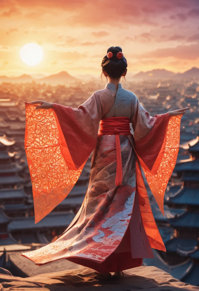 ancient china city in sunset, origami clothes, poeple, zentangle sunny sky, sunset, 3d crunch, cinematic, (magical energy:1.1), (magical sparks:1.1), (glamorous transformation sequence:1.1)