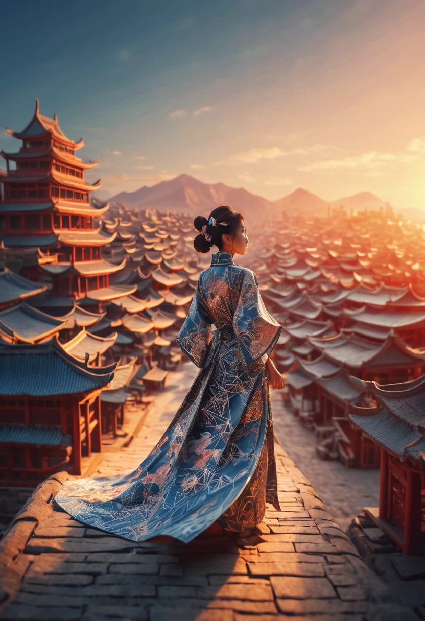 ancient china city in sunset, origami clothes, poeple, zentangle sunny sky, sunset, 3d crunch, cinematic, (magical energy:1.1), (magical sparks:1.1), (glamorous transformation sequence:1.1)