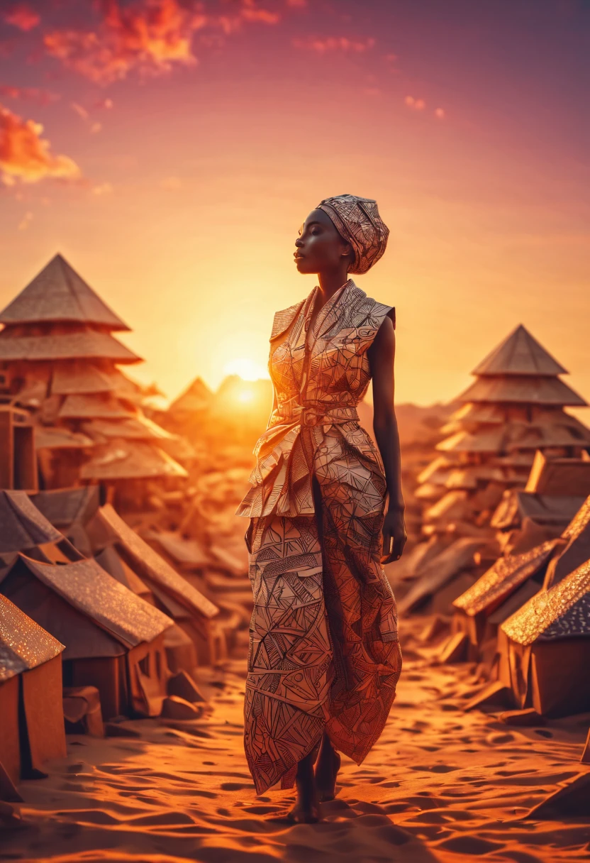 ancient Afrika city in sunset, origami clothes, poeple, zentangle sunny sky, sunset, 3d crunch, cinematic, (magical energy:1.1), (magical sparks:1.1), (glamorous transformation sequence:1.1)