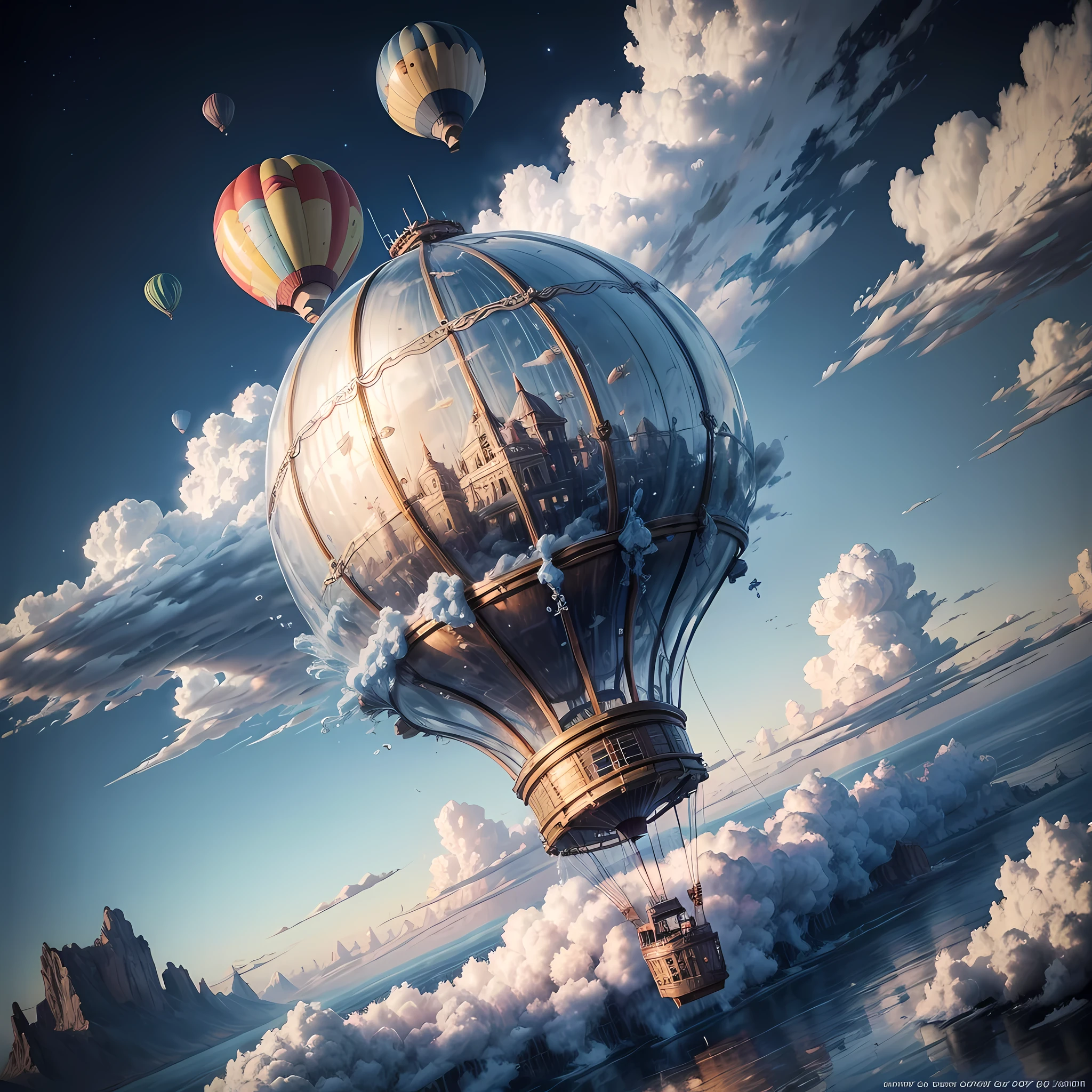 A hot air balloon made of water flying in the sky, cloud, halation, intricate details, 8 thousand, 16,000, best quality, highest resolution, Very delicate concept art, 24K UHD, FHD resolution