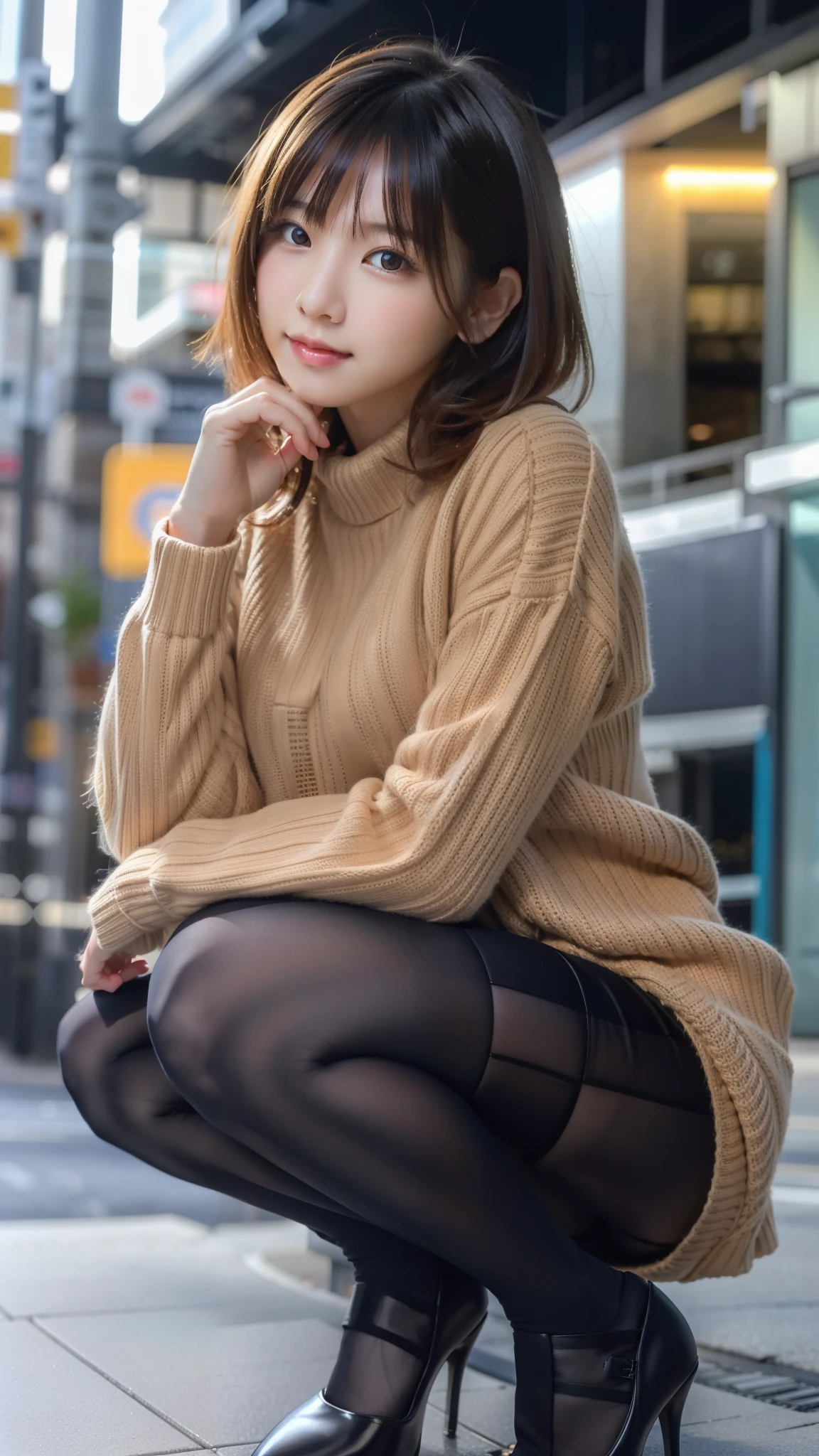 Photo taken by a professional photographer,Close-up of a woman squatting on the sidewalk with her legs crossed, kiko mizuhara, wearing a sweater, Shirahime cut brown hair, wearing a sweater, young and cute girl, japanese model, 白いwearing a sweater, Chiho, ランダムカラーのカジュアルなwearing a sweater,Cute ide waves with short hair, a cute young woman, cute young woman, black pantyhose,black tights,black high heels,