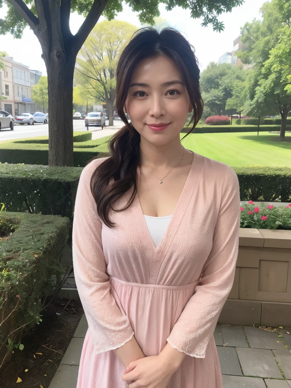 best qualtiy, in 8K, masuter piece, 逼真, Sharp Focus, high quarity, hight resolution, A detailed face, A detailed eye, Thick lip, (Look at viewers), 独奏, Beautuful Women, 45 year old, plumw, Beautifully trimmed hair, cleavage of the breast, brightly colored patterned dress, Afternoon in front of the park garden,
