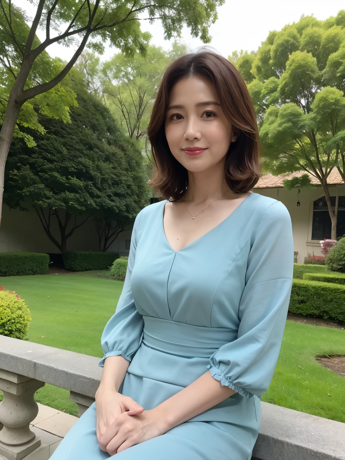 best qualtiy, in 8K, masuter piece, 逼真, Sharp Focus, high quarity, hight resolution, A detailed face, A detailed eye, Thick lip, (Look at viewers), 独奏, Beautuful Women, 45 year old, plumw, Beautifully trimmed hair, cleavage of the breast, brightly colored patterned dress, Afternoon in front of the park garden,