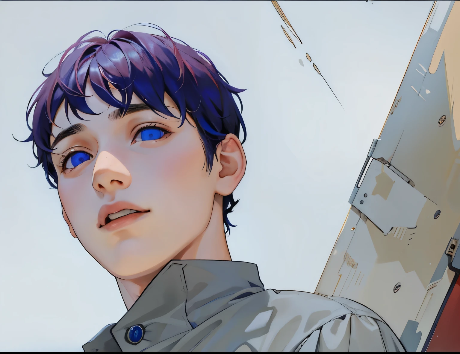 blue hair cute 15 year old boy is telling a story speaks with his mouth open