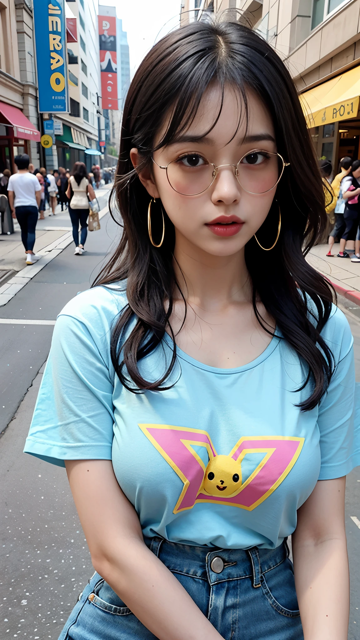 a teenage girl, wearing headphones, There is no one else in the background, Beautiful features, big eyes, wearing sunglasses, high nose bridge, sexy lips, cute earrings, sexy body, 9 heads, golden ratio, Bangs, Slightly curly wavy hair, light pink hair, high chest, Pink print T-shirt, denim hot-pants, canvas shoes, Retro Style, 90s style, Nostalgic style, comic style, Magazine cover Pikachu T-shirt Pikachu shirt big bust mid-waist, A very beautiful girl,light blue hair,A busy street in the background,Du Qiong,Anime 5 sleep,image,under art,The breasts are big and beautiful,Super big breasts,Chest tightness,tight clothes,Wearing a light blue tight T-shirt,Various light blue dresses,Square pedestrian street,Ray tracing,bright,It's drizzling,Upper body close-up,