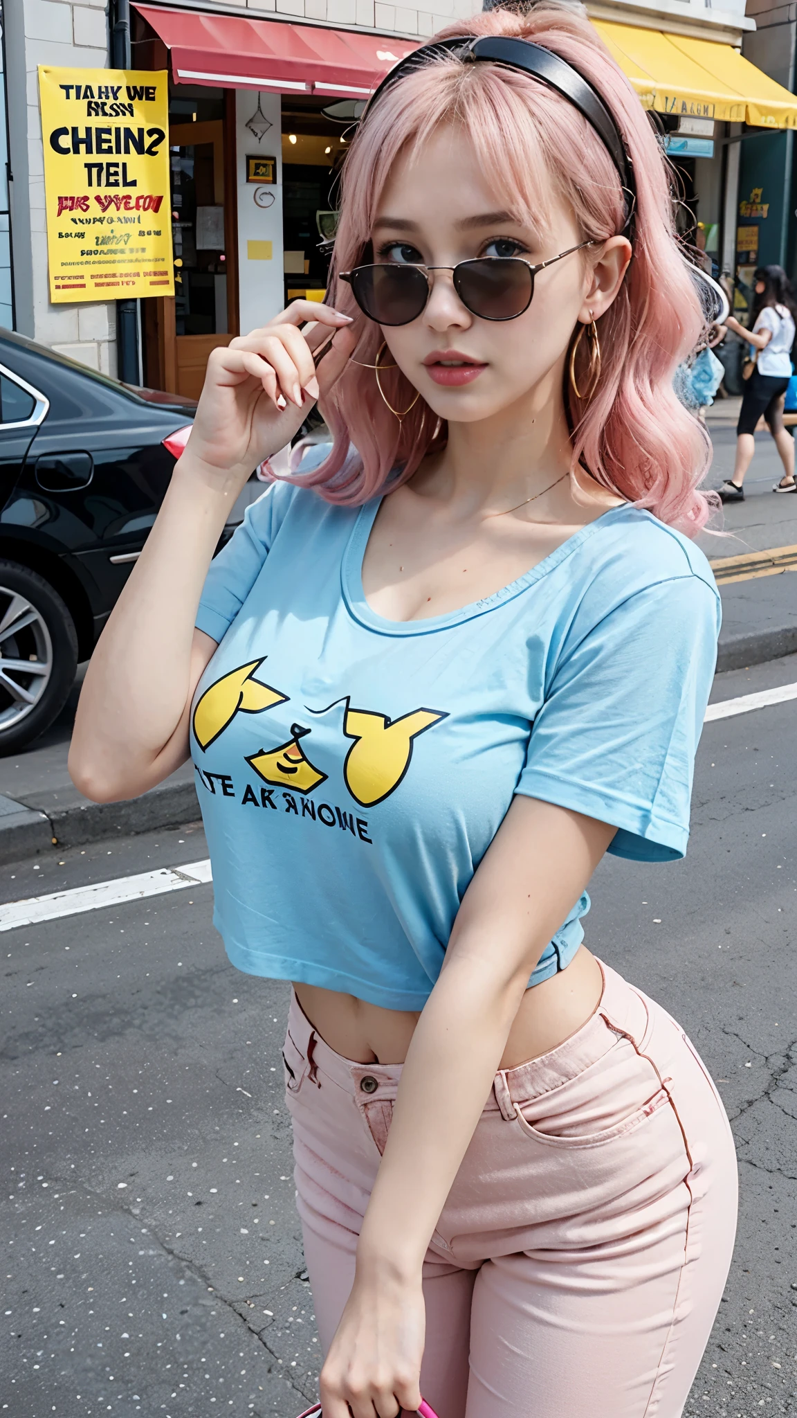 a teenage girl, wearing headphones, There is no one else in the background, Beautiful features, big eyes, wearing sunglasses, high nose bridge, sexy lips, cute earrings, sexy body, 9 heads, golden ratio, Bangs, Slightly curly wavy hair, light pink hair, high chest, Pink print T-shirt, denim hot-pants, canvas shoes, Retro Style, 90s style, Nostalgic style, comic style, Magazine cover Pikachu T-shirt Pikachu shirt big bust mid-waist, A very beautiful girl,light blue hair,A busy street in the background,Du Qiong,Anime 5 sleep,image,under art,The breasts are big and beautiful,Super big breasts,Chest tightness,tight clothes,Wearing a light blue tight T-shirt,Various light blue dresses,Square pedestrian street,Ray tracing,bright,It's drizzling,Upper body close-up,