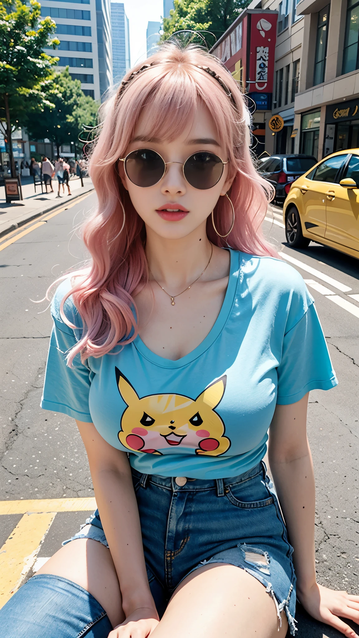 a teenage girl, wearing headphones, There is no one else in the background, Beautiful features, big eyes, wearing sunglasses, high nose bridge, sexy lips, cute earrings, sexy body, 9 heads, golden ratio, Bangs, Slightly curly wavy hair, light pink hair, high chest, Pink print T-shirt, denim hot-pants, canvas shoes, Retro Style, 90s style, Nostalgic style, comic style, Magazine cover Pikachu T-shirt Pikachu shirt big bust mid-waist, A very beautiful girl,light blue hair,A busy street in the background,Du Qiong,Anime 5 sleep,image,under art,The breasts are big and beautiful,Super big breasts,Chest tightness,tight clothes,Wearing a light blue tight T-shirt,Various light blue dresses,Square pedestrian street,Ray tracing,bright,It's drizzling,Upper body close-up,