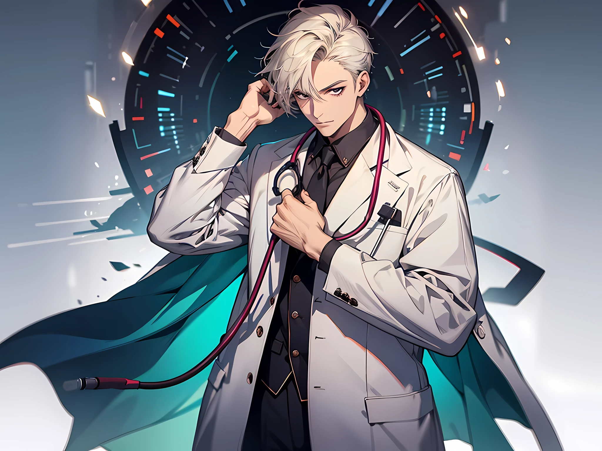 1 man, wearing white doctor outfit with stethoscope on his neck, standing, face to detail, detailed eyes, perfect hands, full-body illustration, the background is in hospital