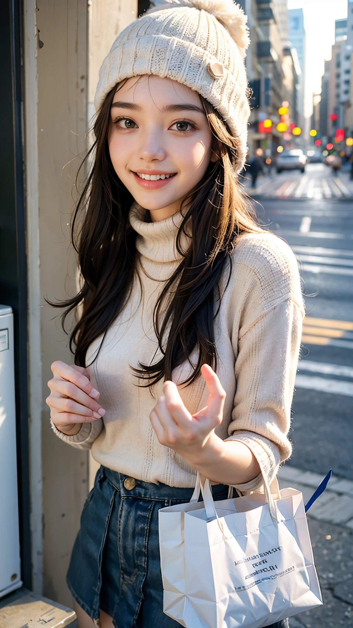 highest quality, masterpiece, ultra high resolution, (realistic:1.4), (portrait facing each other) RAW photo, 1 girl, 18-year-old,((winter school uniform)),((Knit hat and muffler)),((Hold out a paper bag containing a gift to the viewer with both hands.)),((looking up at the viewer)),(blush),masterpiece, realistic pictures, saturation, contrast, ((small breasts)),((smile showing teeth)),short hair,