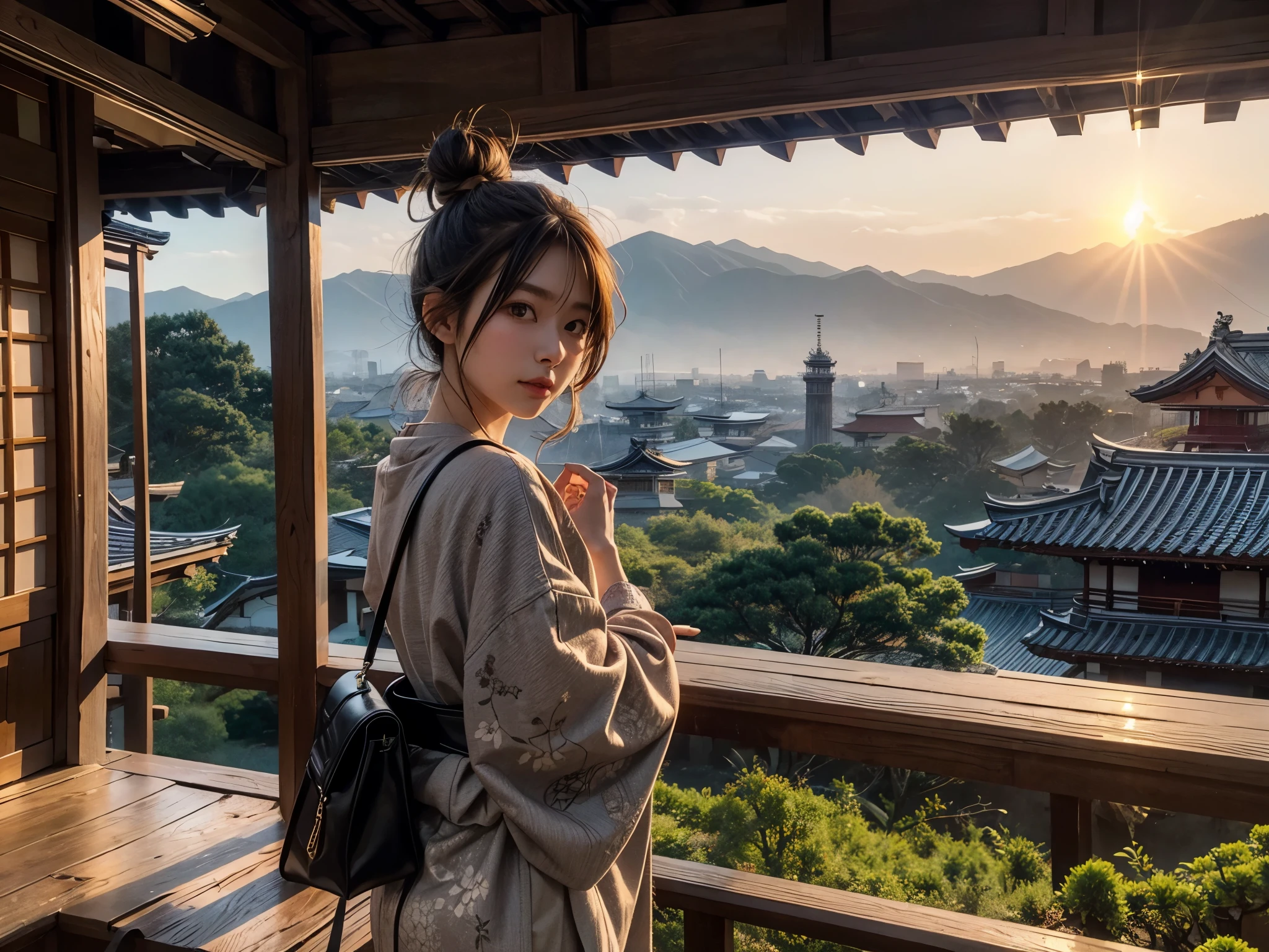 The ancient capital of Kyoto, a girl looking at the sunset, a five-storied pagoda, and a deer