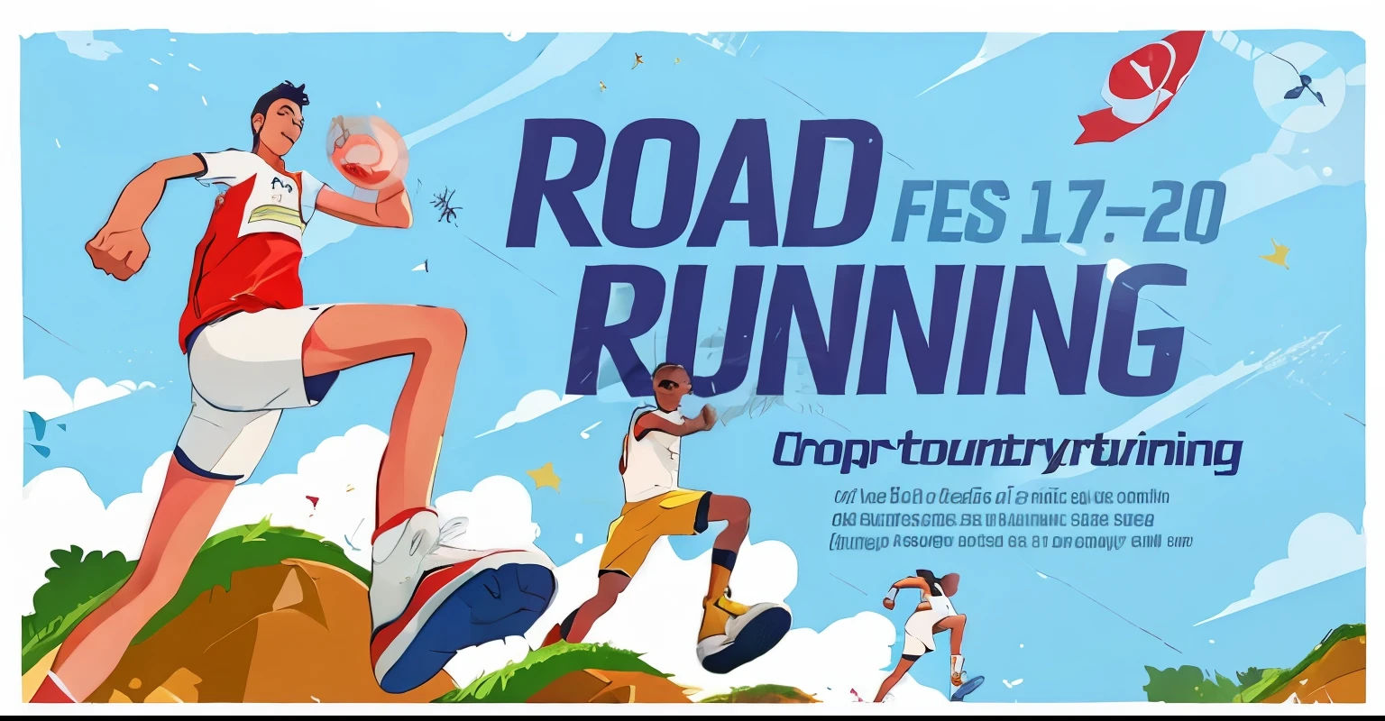 This is a flat style sports poster,There are three people running,The angle is a top view,a vibrant atmosphere,Sunny weather
