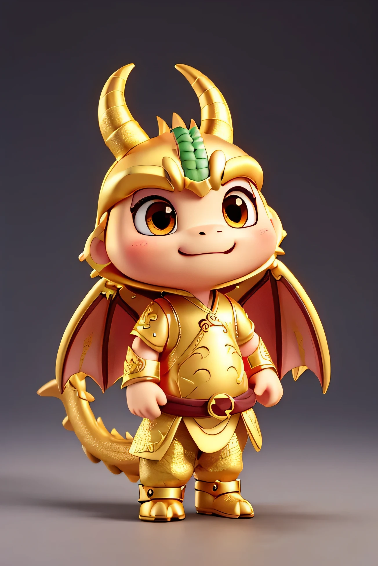Draw me a cute and funny chibi-style Asian dragon with gold tones