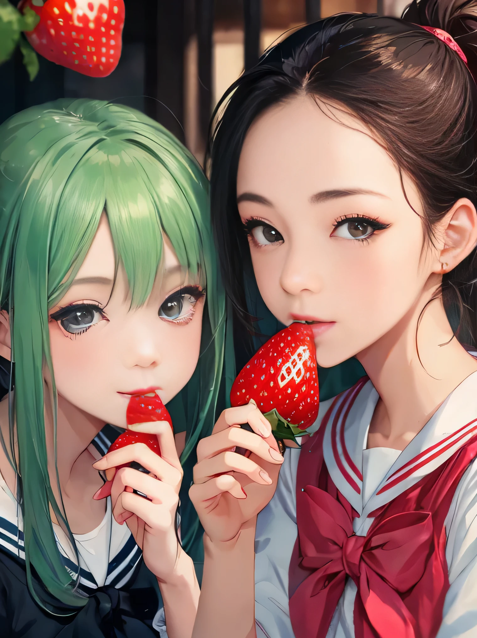 (8K、RAW photo、highest quality、masterpiece:1.2)、detailed background、beautiful and detailed face、beautiful and smooth skin、skin texture、professional lighting、cute teen girl,Cute Ponytail,sailor suit、They are eating happily while looking at me..、strawberry、watermelons