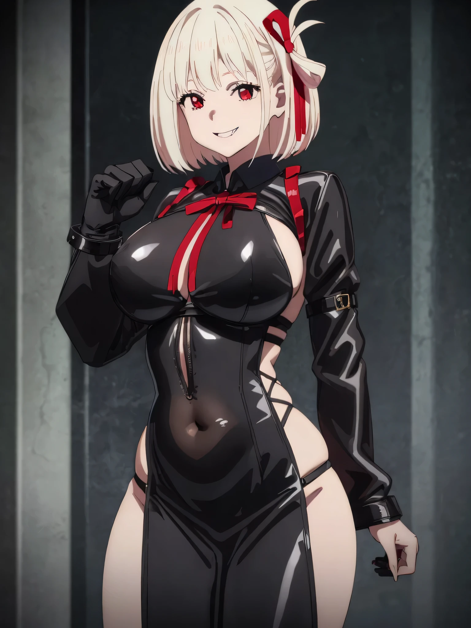 best image quality、high quality、girl,torture chamber、、Gothic clothes, All black cyberpunk clothes, black leather slim clothes, goth style, sexy style、very sexy outfit, witch core clothing, gothic costume, Wearing a black latex costume, fantasy leather clothing, Gothic clothes、Black bondage,belly button、Hesochira、big breasts、big 、魅力的なvalley、valley、smile、Moon glare, Bokeh, written boundary depth, blurred background, Senzoku Nishikigi、Blonde short bob、red eyes、red ribbon