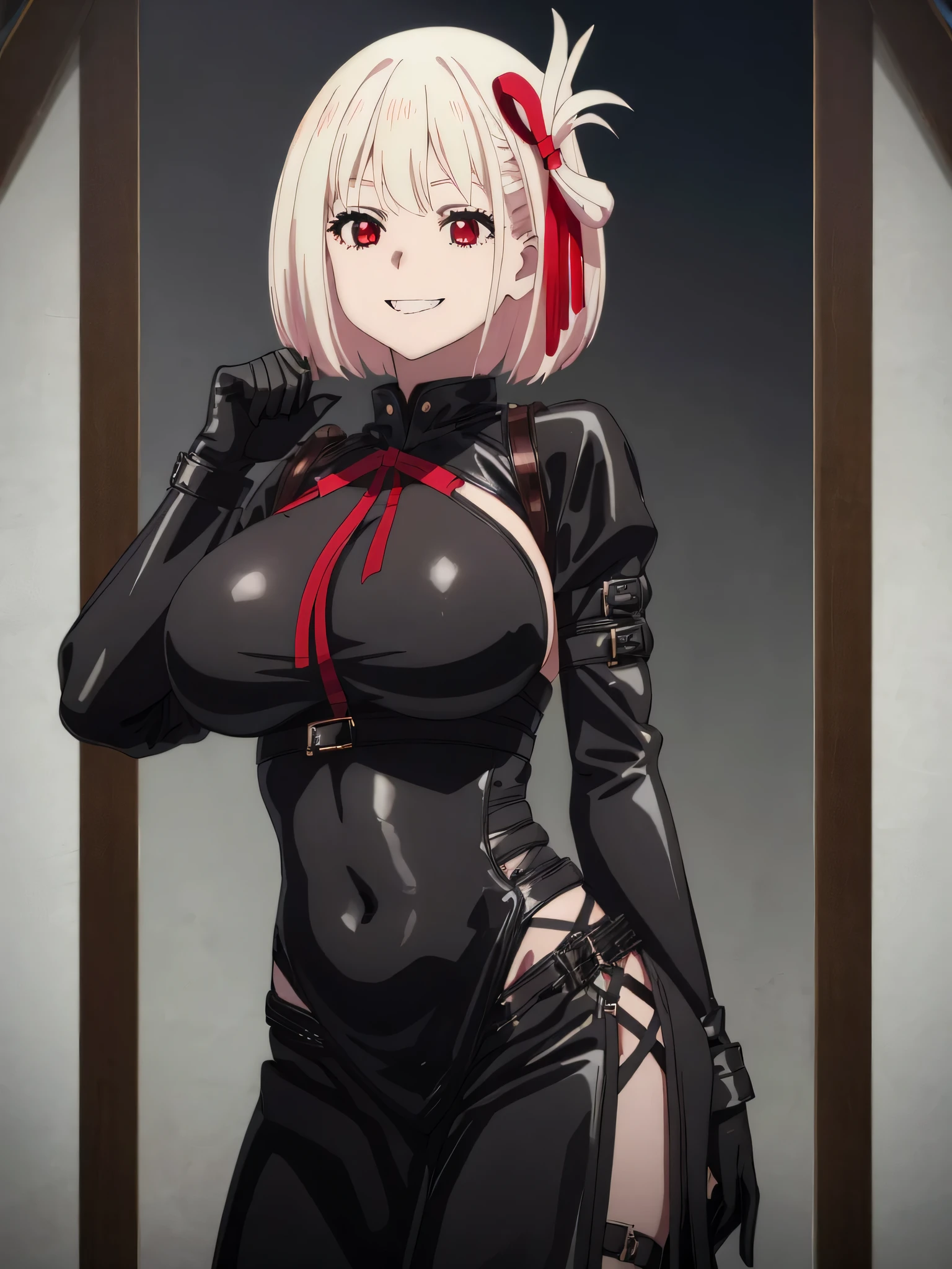 best image quality、high quality、girl,torture chamber、、Gothic clothes, All black cyberpunk clothes, black leather slim clothes, goth style, sexy style、very sexy outfit, witch core clothing, gothic costume, Wearing a black latex costume, fantasy leather clothing, Gothic clothes、Black bondage,belly button、Hesochira、big breasts、big 、魅力的なvalley、valley、smile、Moon glare, Bokeh, written boundary depth, blurred background, Senzoku Nishikigi、Blonde short bob、red eyes、red ribbon