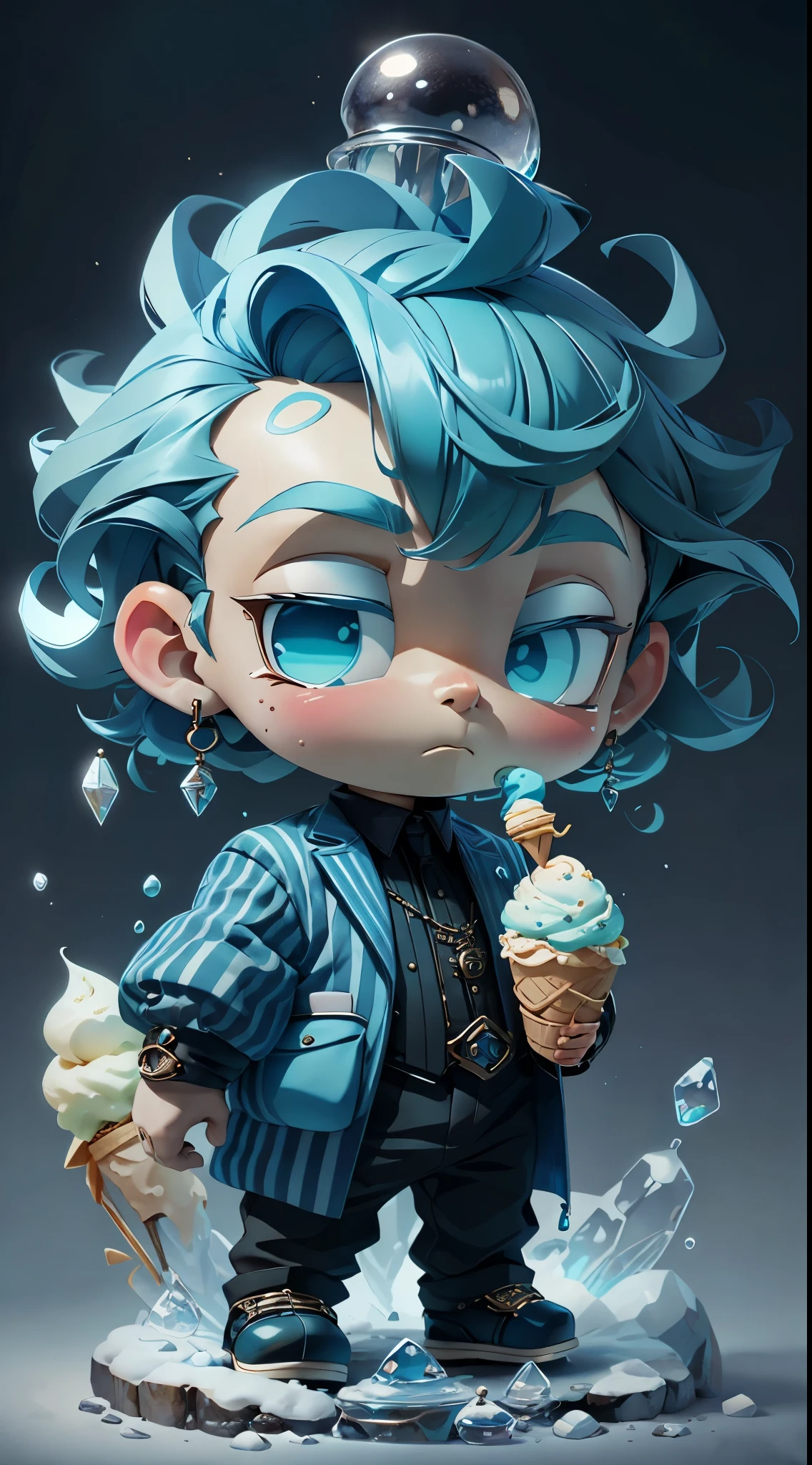 plastican00d， 1boys， tchibi， Blue hair， Luxury fabrics， dither， Ice cream texture，Profound， looking at viewert， Striped background