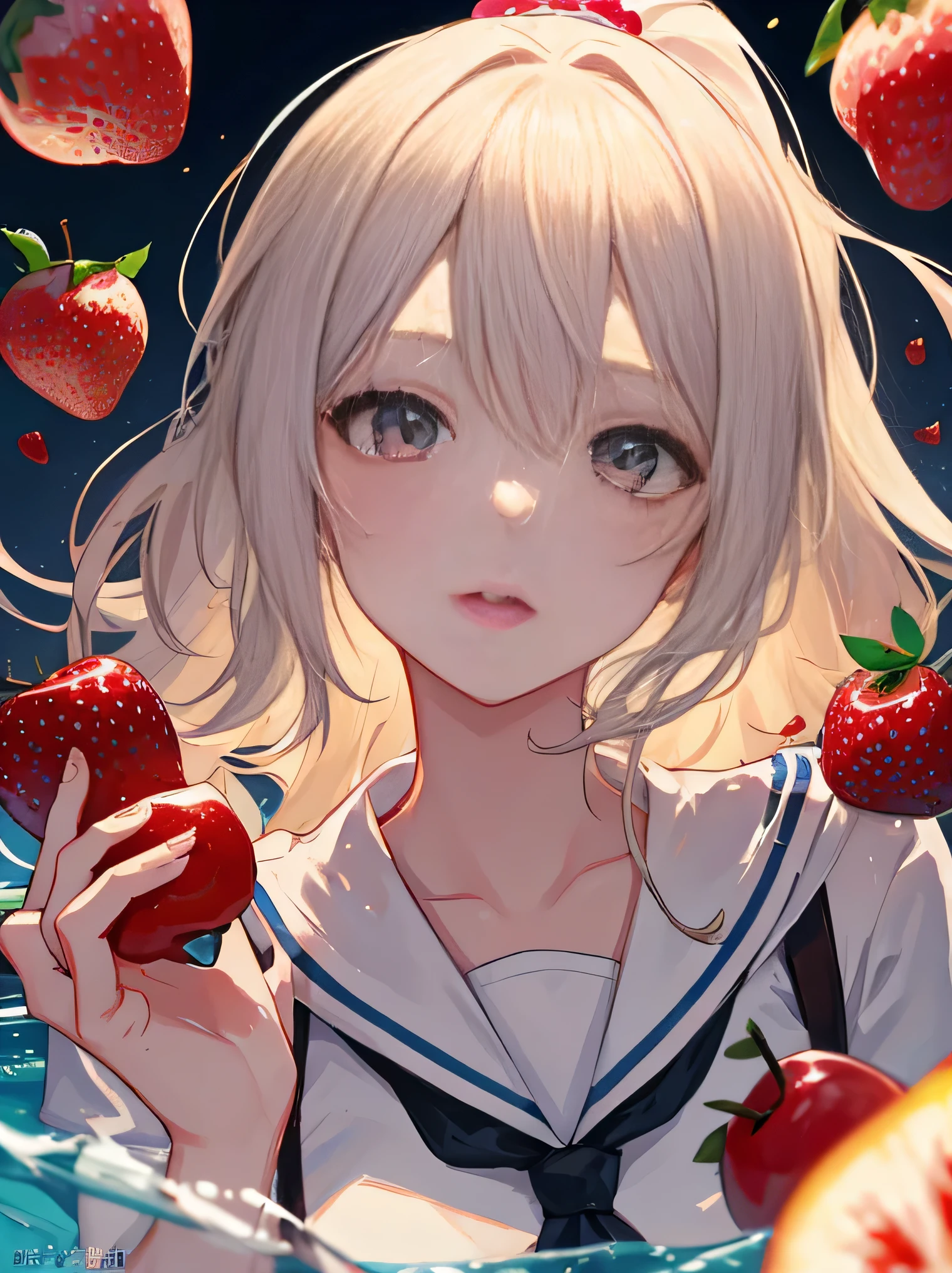 (8K、RAW photo、highest quality、masterpiece:1.2)、detailed background、beautiful and detailed face、beautiful and smooth skin、skin texture、professional lighting、cute teen girl,Cute Ponytail,sailor suit、Eat deliciously、strawberry、apple、peach、watermelons