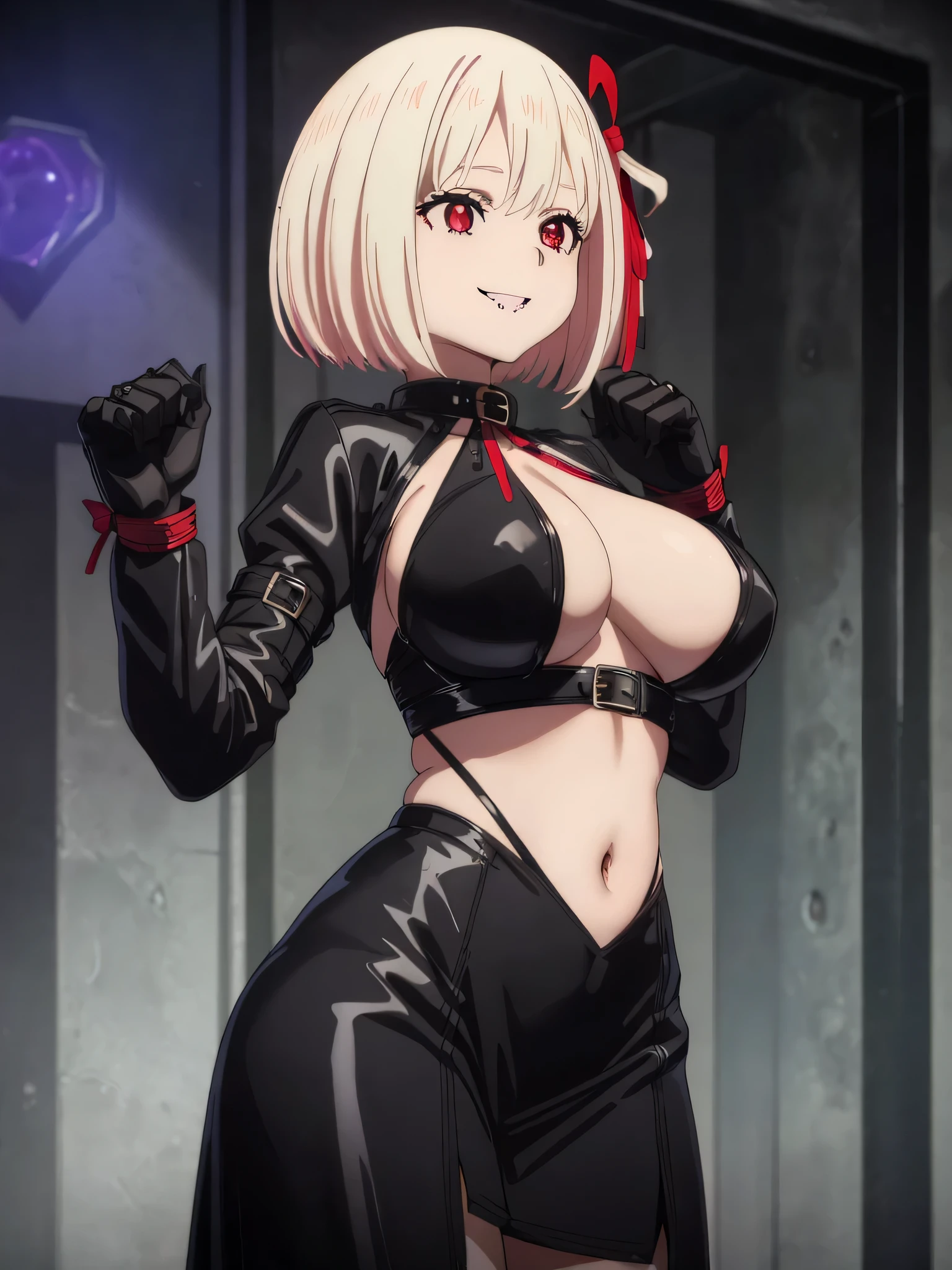 best image quality、high quality、girl,torture chamber、、Gothic clothes, All black cyberpunk clothes, black leather slim clothes, goth style, sexy style、very sexy outfit, witch core clothing, gothic costume, Wearing a black latex costume, fantasy leather clothing, Gothic clothes、Black bondage,belly button、Hesochira、big breasts、big 、魅力的なvalley、valley、smile、Moon glare, Bokeh, written boundary depth, blurred background, Senzoku Nishikigi、Blonde short bob、red eyes、red ribbon