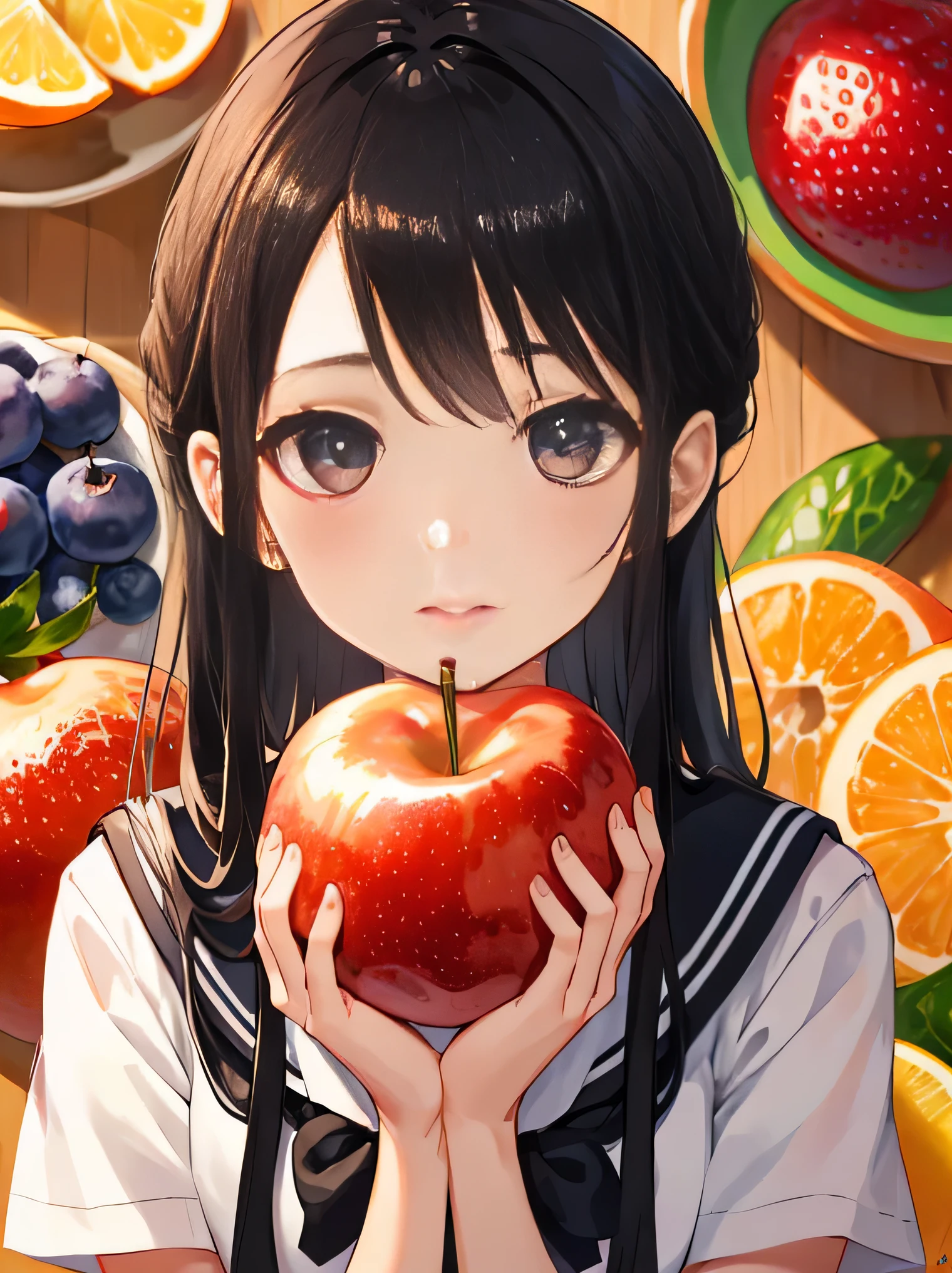 (8K、RAW photo、highest quality、masterpiece:1.2)、detailed background、beautiful and detailed face、beautiful and smooth skin、skin texture、professional lighting、cute teen girl,Cute Ponytail,sailor suit、Eat deliciously、strawberry、peach、Pear、mikan、apple、This、Kiwi fruit、Grapefruit、Cherries、dozen、blueberry、peach、Grapes、watermelons、melon