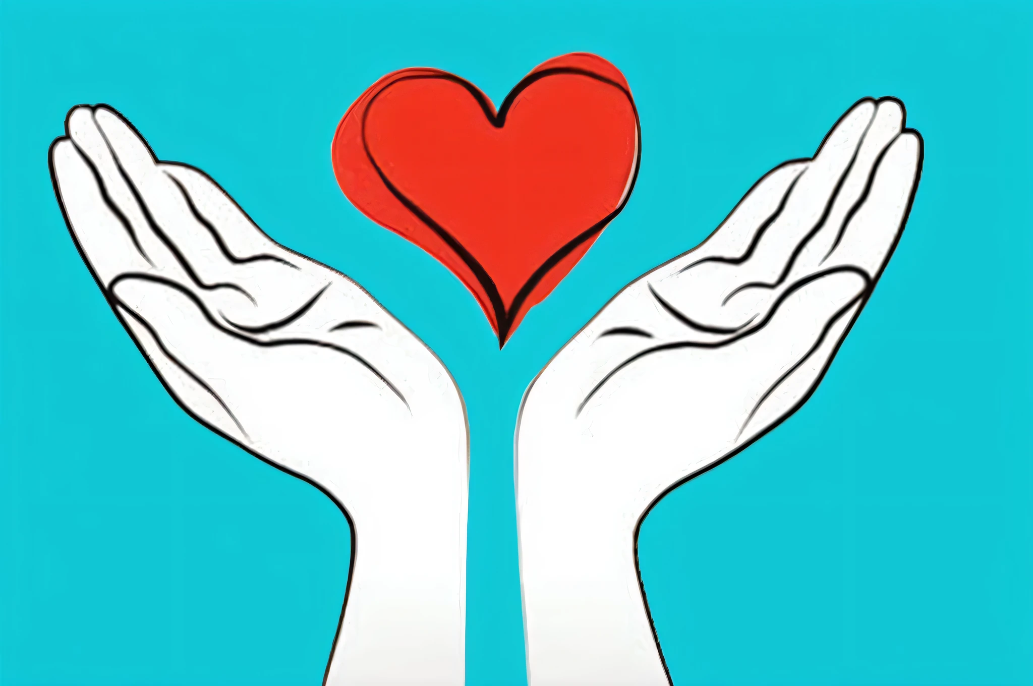 two hands holding a red heart with a blue background, cuidadoso, hands, compassionate, Imagem incrivelmente composta, love is begin of all, melhorado digitalmente, Carregado, compassion, love and mercy, True Heart, caricatural e simplista, heart operation, Moive Amor, illustration, my heart is human, effective altruism, meia imagem, blessing hands