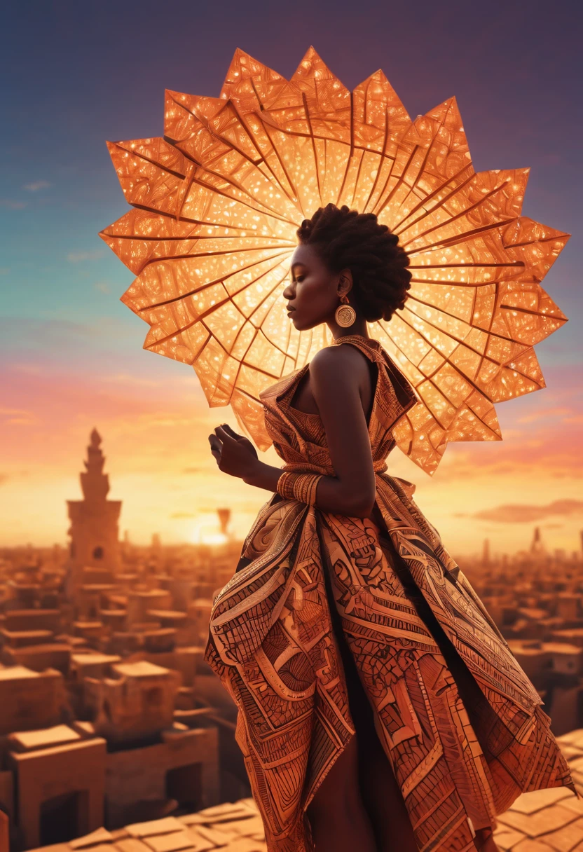 A unique fisheye lens 2.0 view of an African woman dressed in vibrant African-inspired clothes, she's floating high up in the sky above the city and sky scrapers, city lights beneath her feet, she's surrounded by floating drone cameras flashing lights on her, night time with camera lights shining light in the scene creating a dynamic and visually stunning scene.