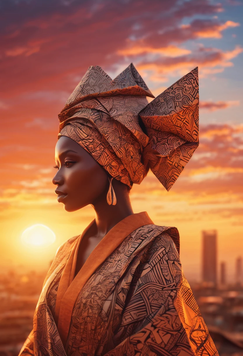 ancient Afrika city in sunset, origami clothes, poeple, zentangle sunny sky, sunset, 3d crunch, cinematic, (magical energy:1.1), (magical sparks:1.1), (glamorous transformation sequence:1.1)
