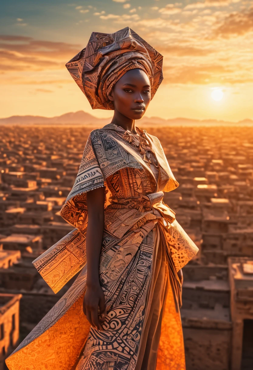 ancient Afrika city in sunset, origami clothes, poeple, zentangle sunny sky, sunset, 3d crunch, cinematic, (magical energy:1.1), (magical sparks:1.1), (glamorous transformation sequence:1.1)