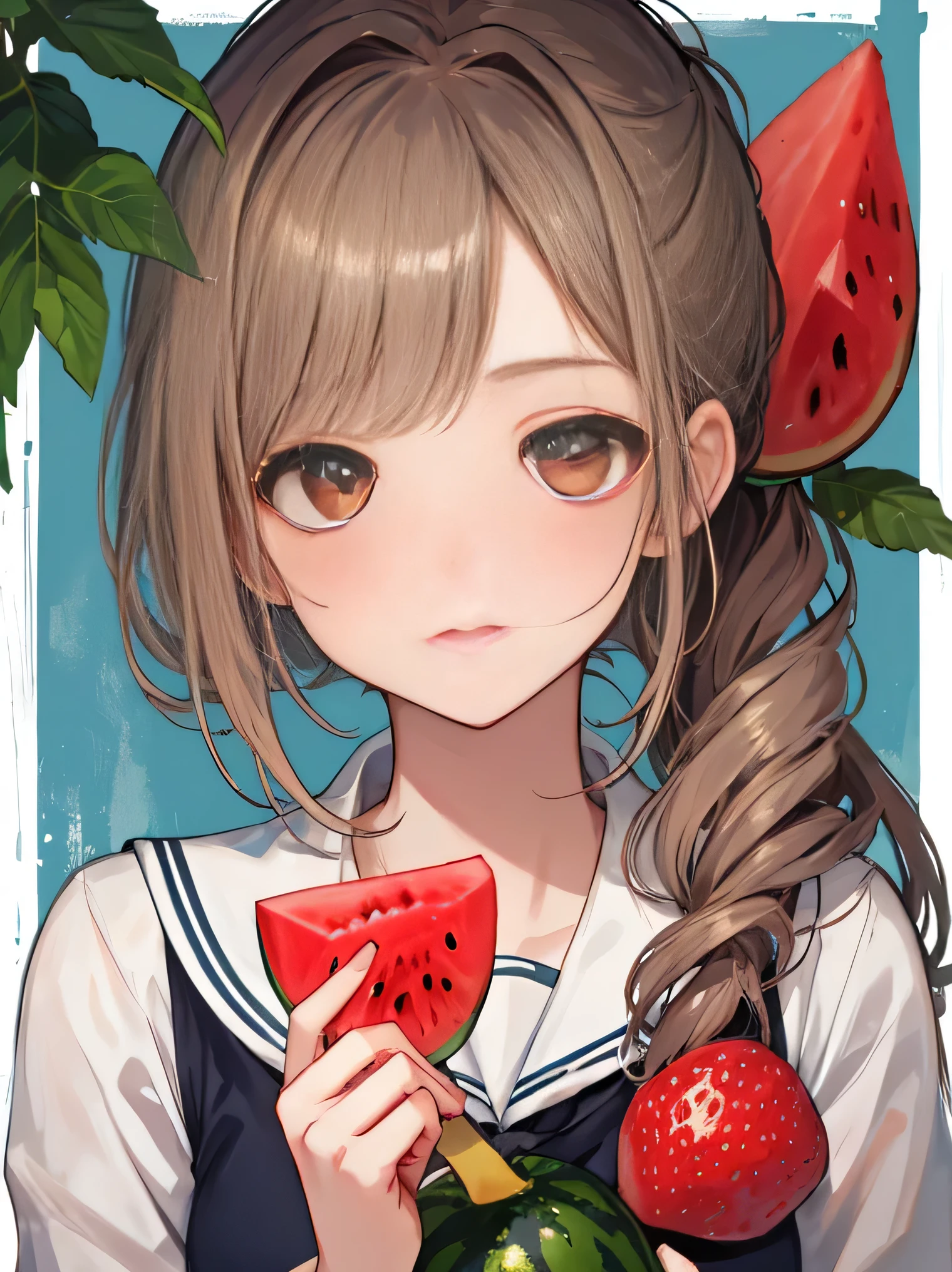 (8K、RAW photo、highest quality、masterpiece:1.2)、detailed background、beautiful and detailed face、beautiful and smooth skin、skin texture、professional lighting、cute teen girl,Cute Ponytail,sailor suit、Eat deliciously、strawberry、peach、Pear、mikan、apple、This、Kiwi fruit、Grapefruit、Cherries、dozen、blueberry、peach、Grapes、watermelons、melon
