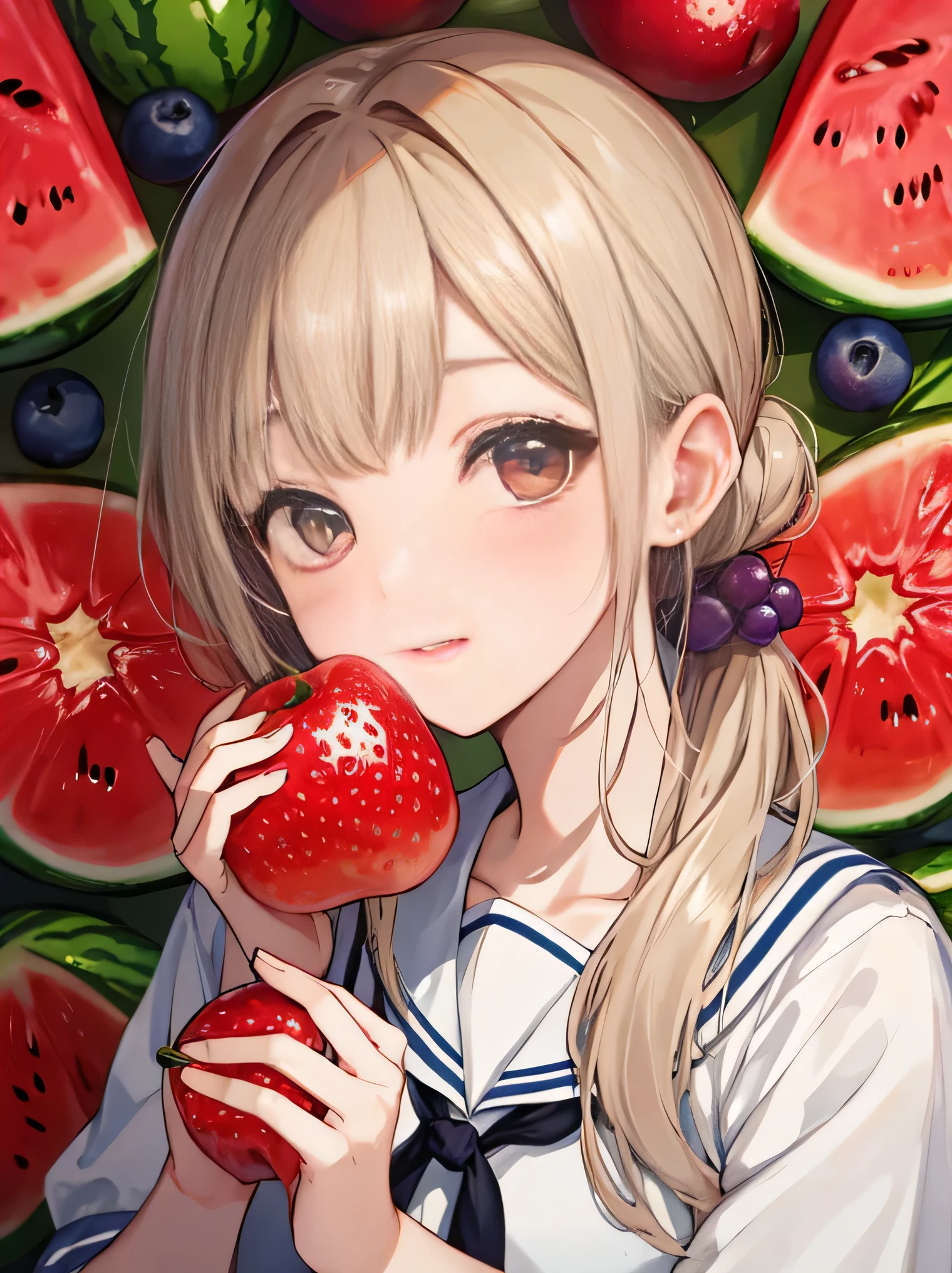 (8K、RAW photo、highest quality、masterpiece:1.2)、detailed background、beautiful and detailed face、beautiful and smooth skin、skin texture、professional lighting、cute  girl,Cute Ponytail,sailor suit、Eat deliciously、strawberry、peach、Pear、mikan、apple、This、Kiwi fruit、Grapefruit、Cherries、dozen、blueberry、peach、Grapes、watermelons、melon