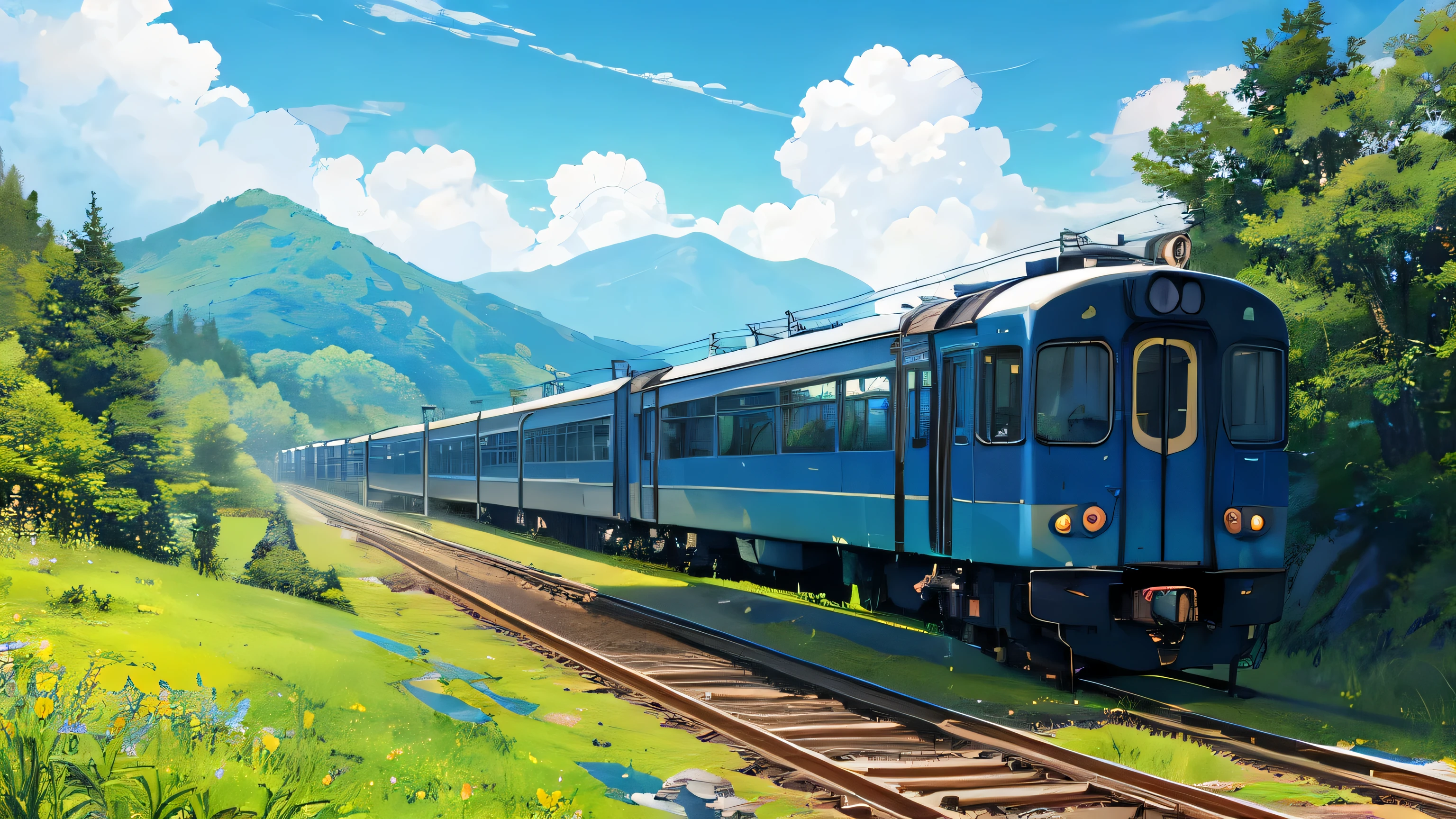 train,imagine,blue sky,green mountains,train在图片下方,train往远方驶离