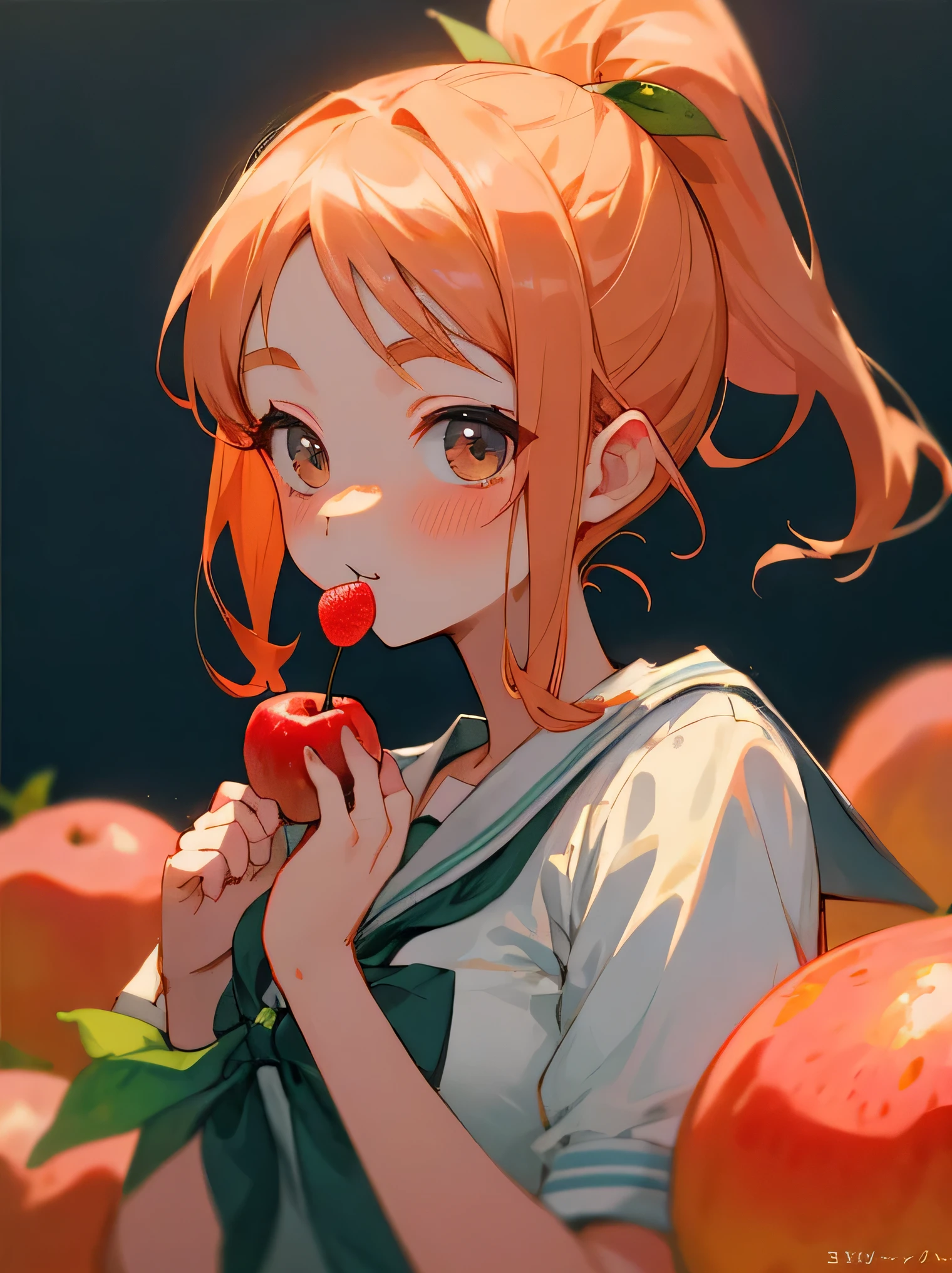 (8K、RAW photo、highest quality、masterpiece:1.2)、detailed background、beautiful and detailed face、beautiful and smooth skin、skin texture、professional lighting、cute teen girl,Cute Ponytail,sailor suit、Eat deliciously、strawberry、peach、Pear、mikan、apple、This、Kiwi fruit、Grapefruit、Cherries、dozen、blueberry、peach、Grapes、watermelons、melon
