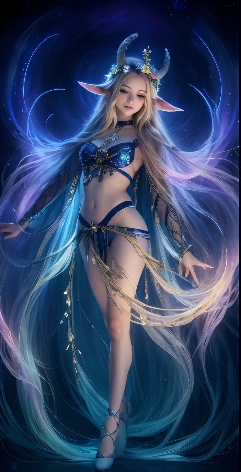 Masterpiece image of a beautiful faun priestess with blonde hair adorned with a garland of blueberries, with pointy toes extreme long nails, (divine proportion), non-douche smile, aurora borealis, night scene, Glowing Whisper, Ethereal dance, Nocturnal Grace, Silent Luminescence, Midnight Flutter, Whispering Silent, Iridescent Encounter, Moonlit Shadow, by Skyrn99, full body, (((rule of thirds))), high quality, high detail, high resolution, (bokeh:2), backlight, long exposure:2,