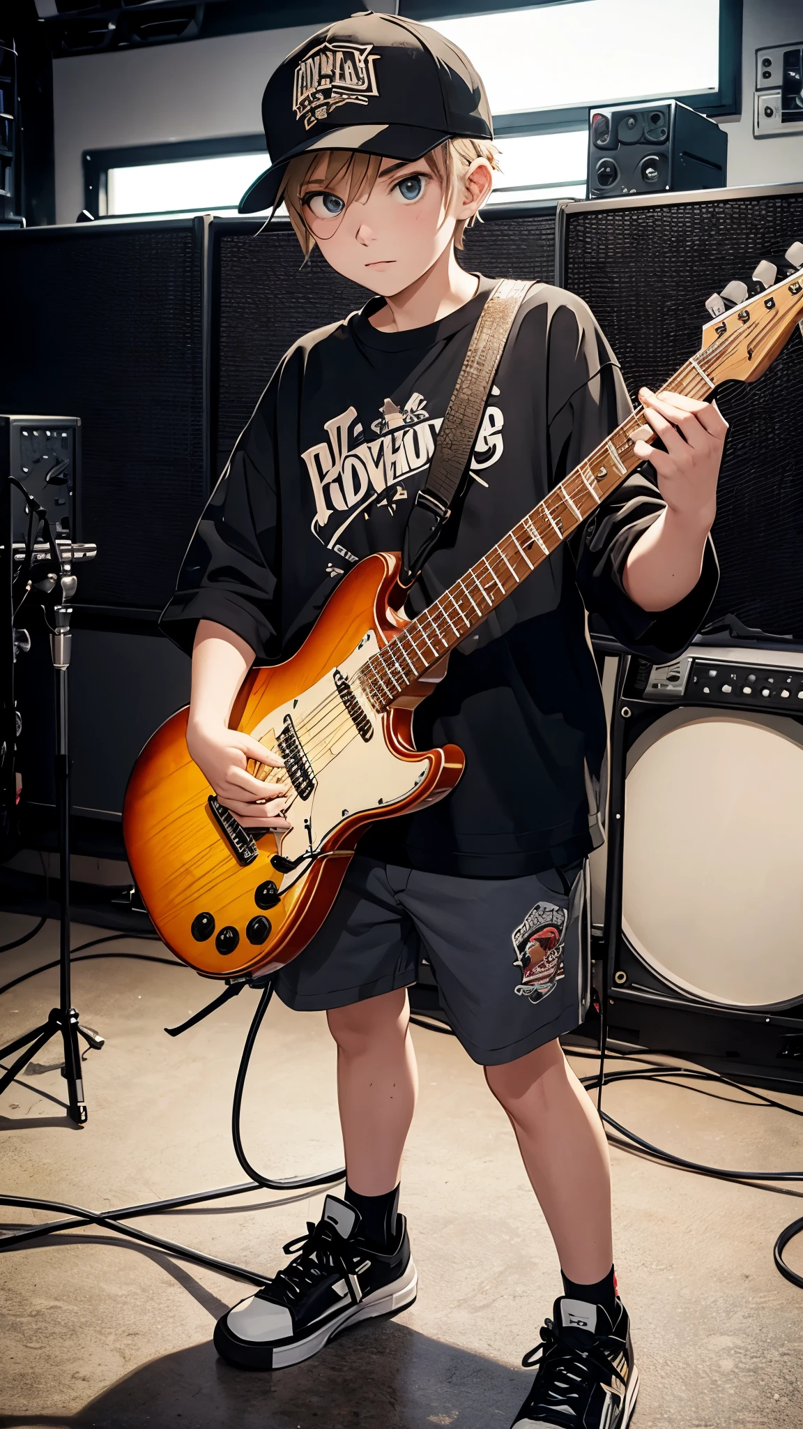 pop punk band in studio; tomboy girl holding guitar; boy playing drum