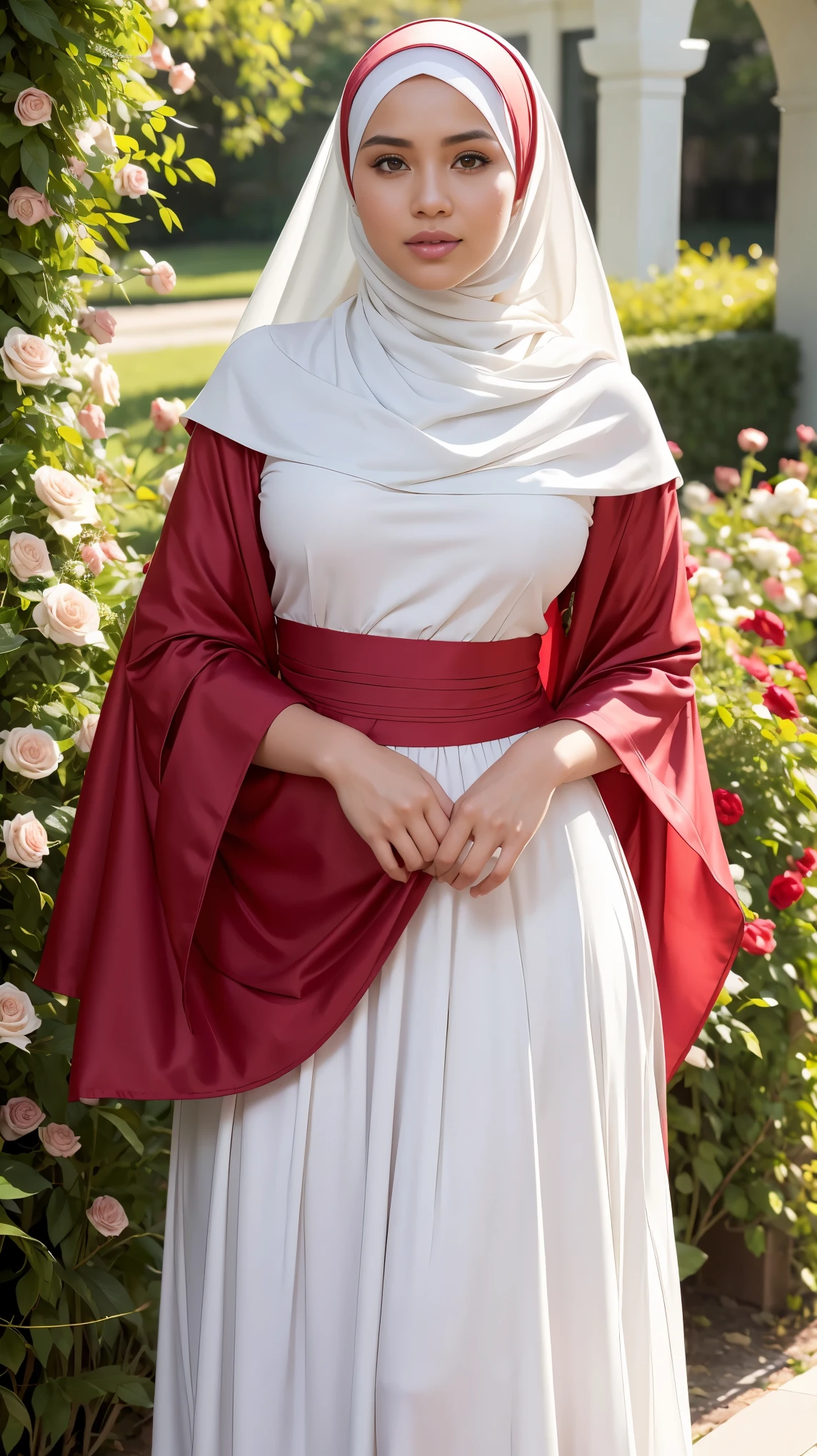 RAW, (Best quality, high resolution, work: 1.3), Beautiful Malay woman in hijab, fit body, Big breasts, Beautiful big eyes, Soft smile, beautiful face, slightly open mouth, thick thighs, beautiful girl, beautiful breasts, detail face, woman in a white blouse and red very long skirt standing on garden flower, with lovely look, cute woman, long red skirt, katelynn long skirt style, white hijab, wonderful masterpiece, bautiful, beutiful, cute beautiful, traditional beauty, hijab, wearing beautiful clothes, with beautiful exotic, white and light-red outfit, beutifull, white and red, gorgeous lady, in flower garden, beautiful woman. perfect lighting