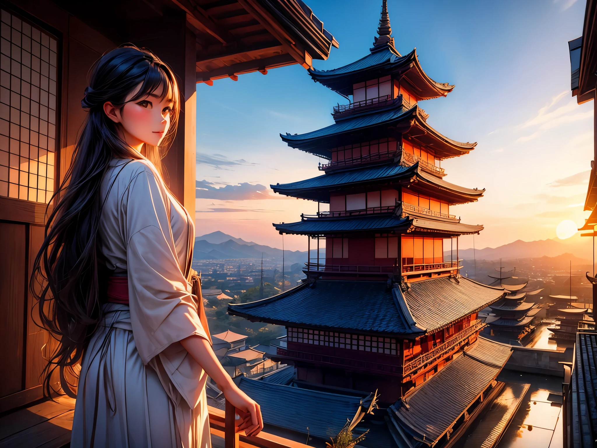 The ancient capital of Kyoto, a girl looking at the sunset, a five-storied pagoda, and a deer