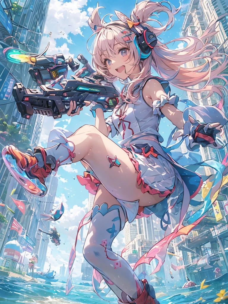 (highest quality), (ultra high resolution), animeの少女, (Magical girl), ((anatomically correct)), long iridescent hair, double ponytail, iridescent eyes, smile, Flying in the air, Game Controllerがモチーフのドレス, spats, Gaming Headset, partner fairy, Game Controller_cane, Energy Drinks_Water gun, dramatic pose, blue sky, Near Future City, Many gaming monitors in the air, cinematic, Sparkling, (masterpiece,anime,newest,new,exceptional:1.2), Depth of bounds written