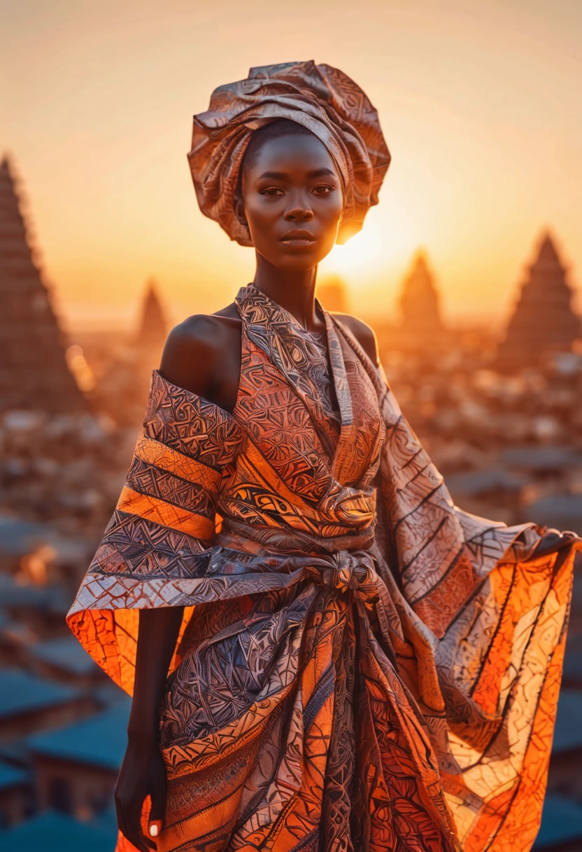 ancient Afrika city in sunset, origami clothes, poeple, zentangle sunny sky, sunset, 3d crunch, cinematic, (magical energy:1.1), (magical sparks:1.1), (glamorous transformation sequence:1.1)
