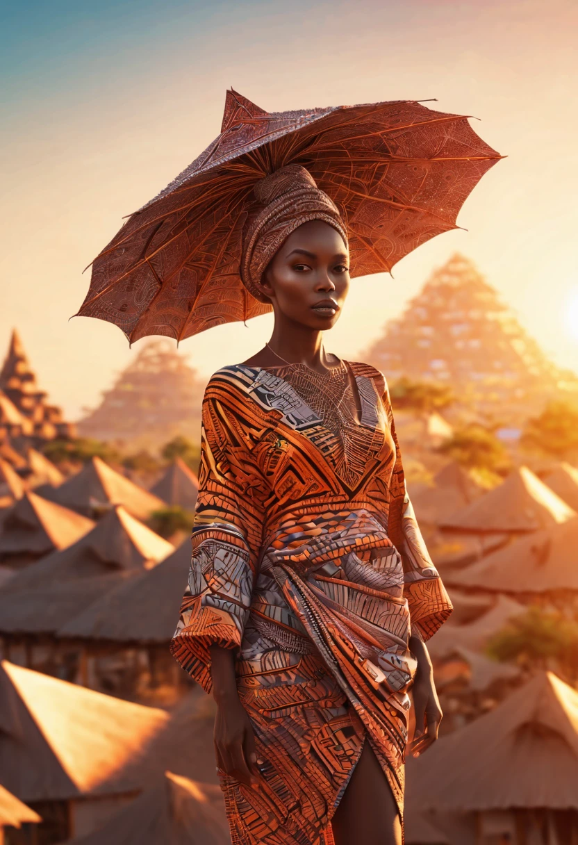 ancient Afrika city in sunset, origami clothes, poeple, zentangle sunny sky, sunset, 3d crunch, cinematic, (magical energy:1.1), (magical sparks:1.1), (glamorous transformation sequence:1.1)