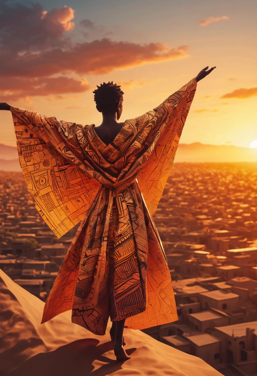 ancient Afrika city in sunset, origami clothes, poeple, zentangle sunny sky, sunset, 3d crunch, cinematic, (magical energy:1.1), (magical sparks:1.1), (glamorous transformation sequence:1.1)