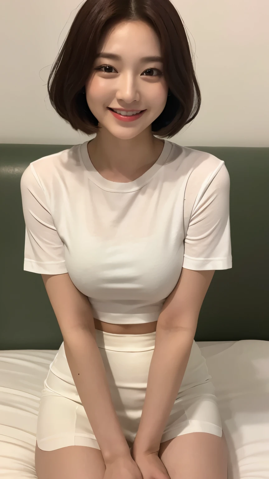 White tight shirt、White tight mini skirt、bed、smile、short sleeve、high resolution、Hallyu Idol Face