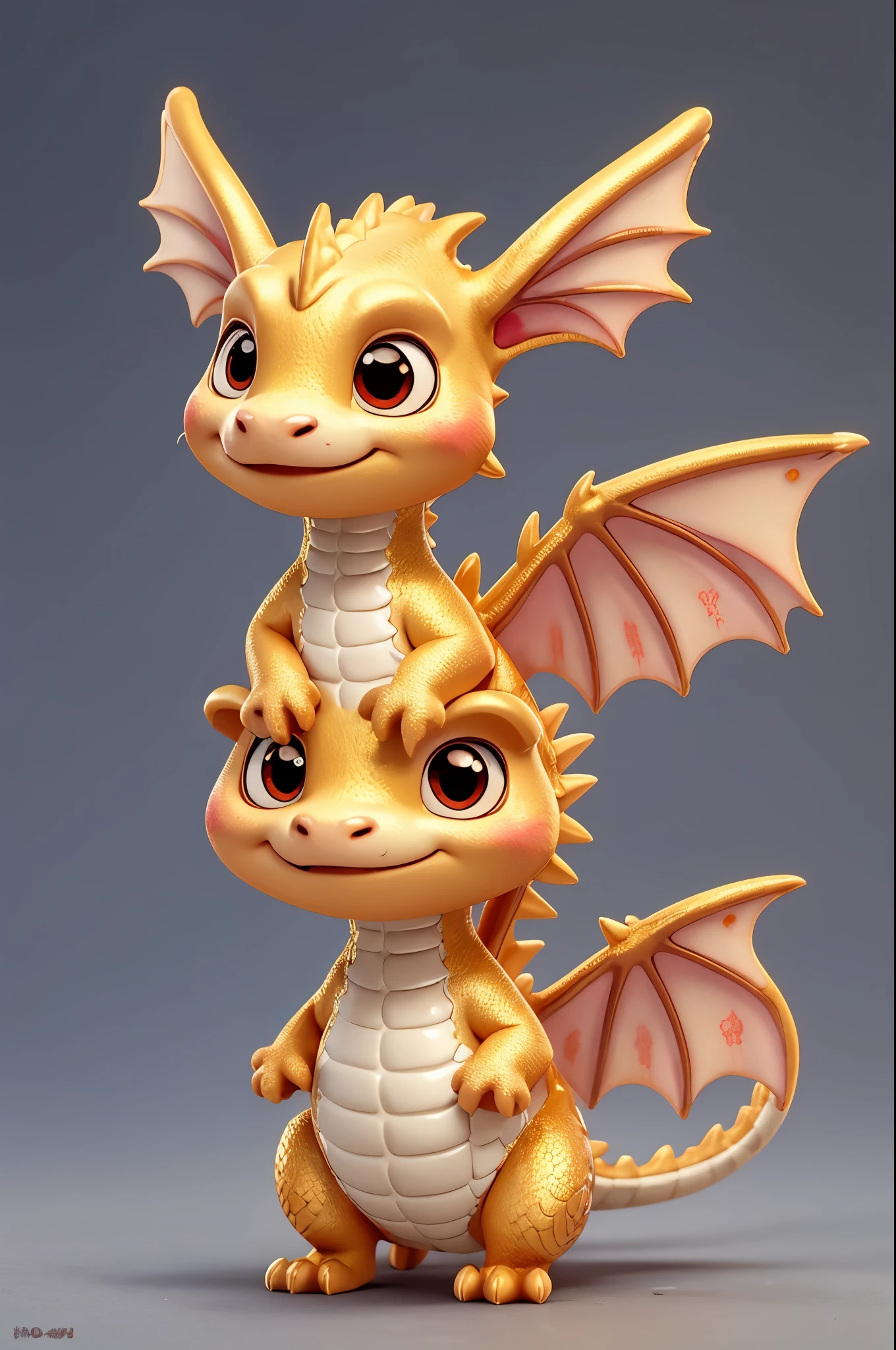 Draw me a wingless Asian dragon in a cute, funny chibi style with a gold tone