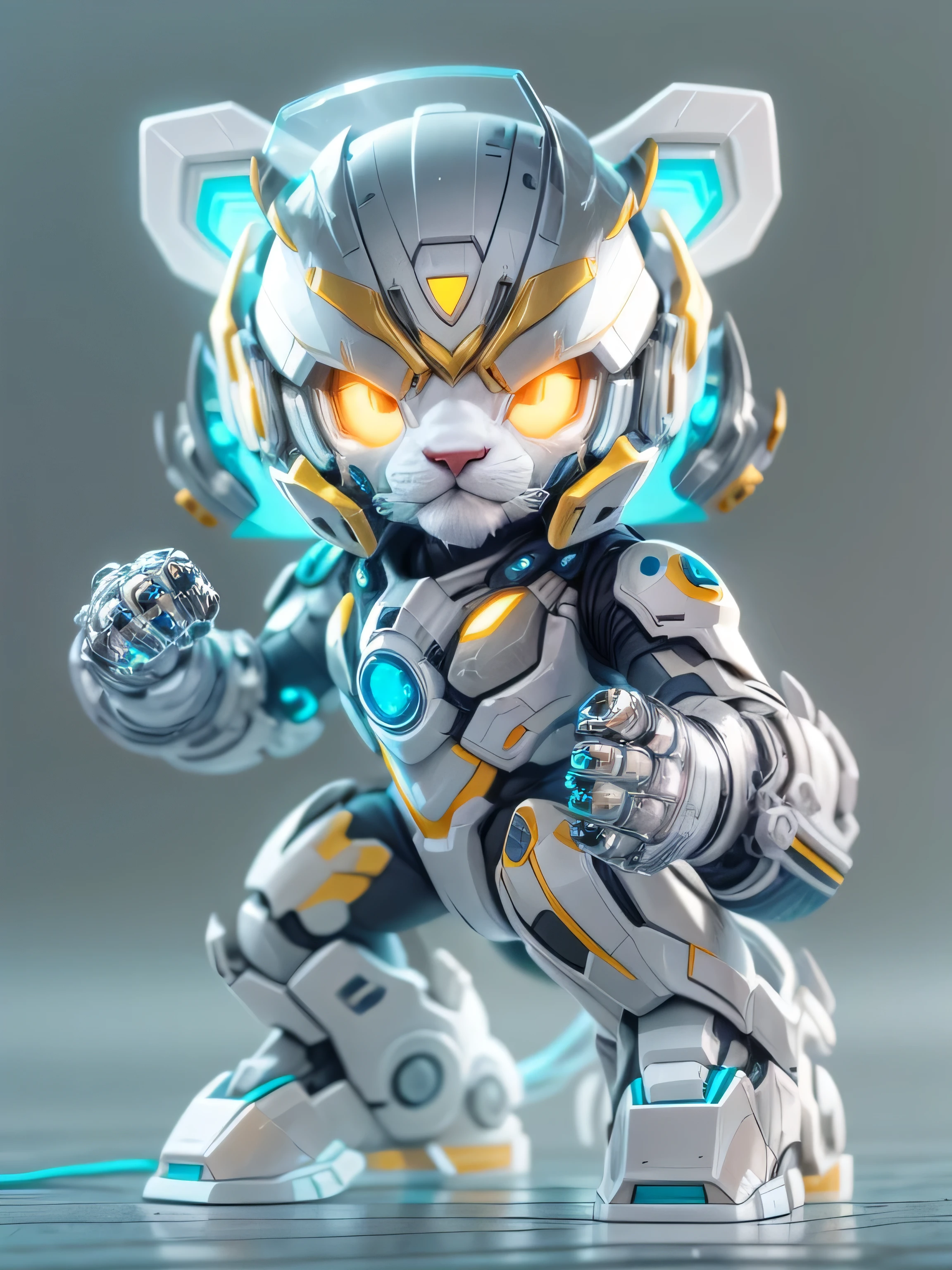 (blind box toy style:1.2), (Full Body Shot) , 1 Transparent cute lion, Transparent mecha, Exquisite Helmet:1.2, glowing goggles:1.2, Cyberpunk, Dreamy Glow, Luminous neon lamp, clean, white background, ( Global illumination, raytracing, HDR, unreal render,reasonable design, high detailed, masterpiece, best quality, UHD, Cinematic Lighting)