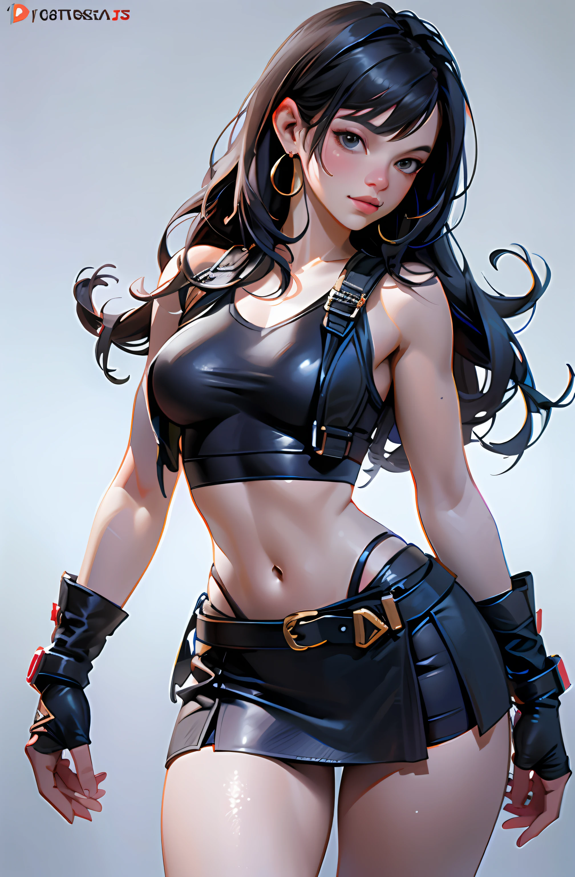 There's a woman in a short skirt posing for a photo, Modelo IG | Artgerm, Menina anime na vida real, no estilo Artgerm e Artgerm, Artgerm extremamente detalhado, Retrato sedutor de Tifa Lockhart, Estilo Artgerm, Estilo Artgerm, Tifa Lockhart, roupas sexy curta apertada , super apertada,decote, pelvis curtain, quadris largos, seios pontiagudos. pert seios naturais : 1.2), (seios pequenos: 1.2), bunda redonda perfeita magra, baixinha, (Beautiful and Aesthetic: 1.2), bela coxa detalhada, (figura feminina perfeita), (symmetrical body shape)
