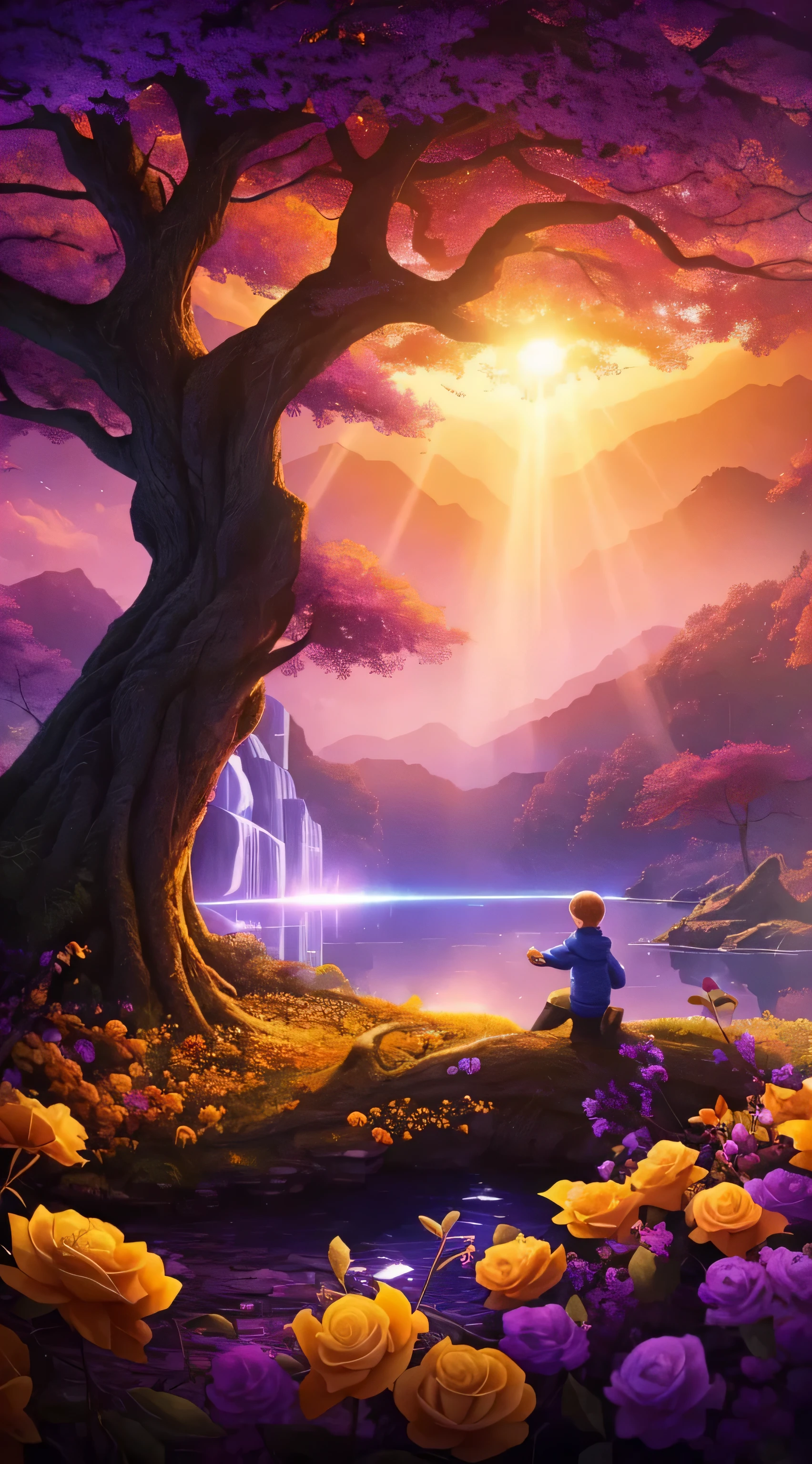 vast landscape photography, (Bottom view showing the sky above and open fields below), A 9-year-old blond boy wearing a long sweatshirt and a yellow scarf is sitting on a trunk in a field of yellow roses and looking up.., ( comet:0.9), (nebulous:1.3), distant lake, The Tree of Life, BREAK Production Art, (warm light source:1.3), lamp, There is a lot of purple and orange in it.., intricate details, volumetric lighting, Realism BREAK (masterpiece:1.2), (best quality), 4K, very detailed, (Dynamic configuration:1.4), very detailed, Colorful Detail, ( iridescent colors:1.2), (glowing lights, Atmospheric lighting), dreamy, magical, (alone:1.2), magical beautiful waterfall, I was surprised