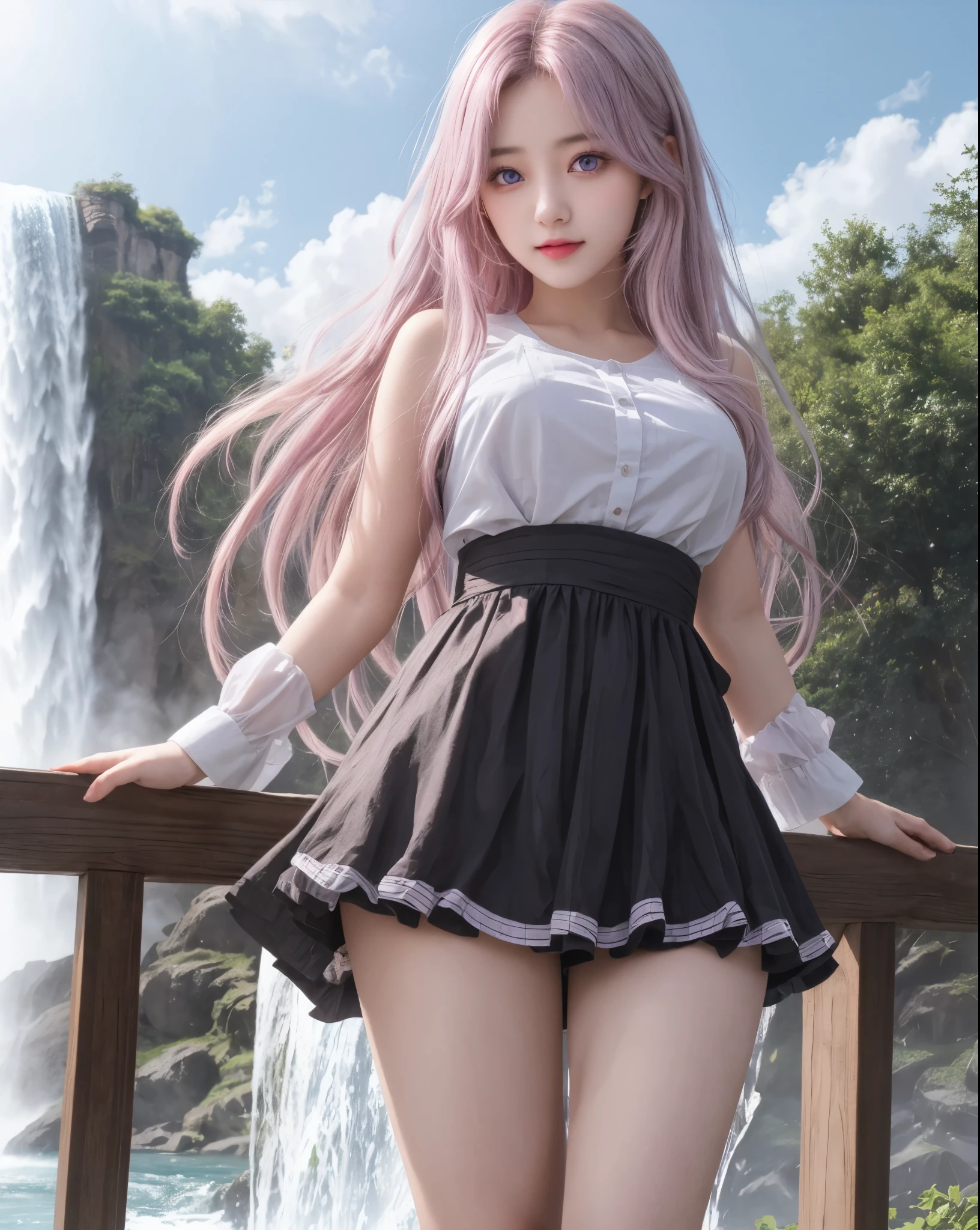 beautiful reallistic girl with long pink hair standing on a bridge near a waterfall, beautiful reallistic girl, seductive beautiful girl, cute girl in a nice dress, beautiful girl with long hair, attractive beautiful girl, girl goddess, pretty beautiful girl, beautiful alluring reallistic woman, beautiful girl, beautiful reallistic woman, smooth reallistic, young beautiful girl, beautiful reallistic high school girl, detailed purple eyes, purple eyes, light pink hair, light purple eyes,