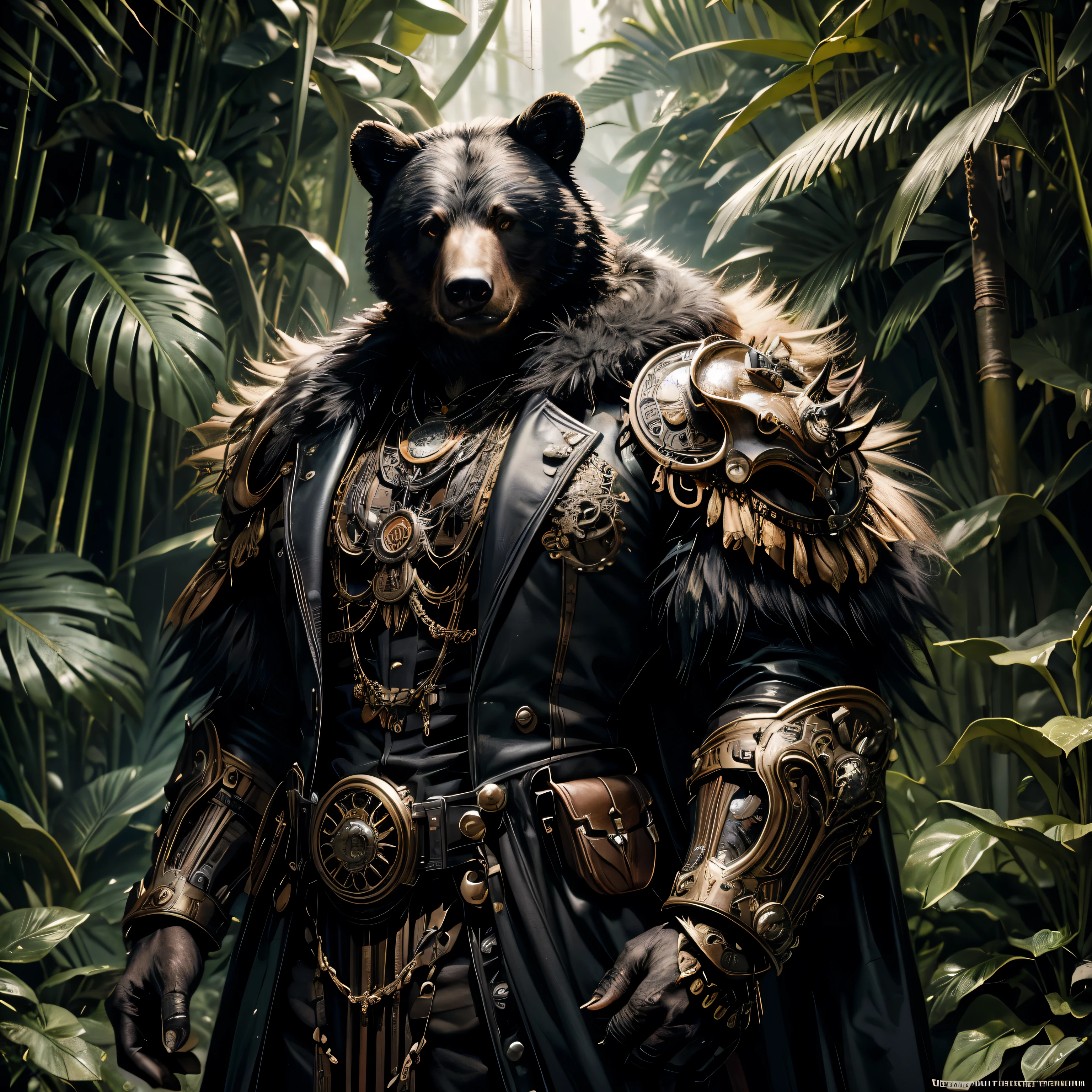 Urso negro americano, vestido com uma intrincada armadura steampunk, Predominantemente negra, Standing in a jungle, noite, Ornate gears and fancy jungle accessories, urso com postura imponente, explore the technological aesthetics of steampunk, estilo surrealista, altamente detalhado, 8k, skin hands, leather arms