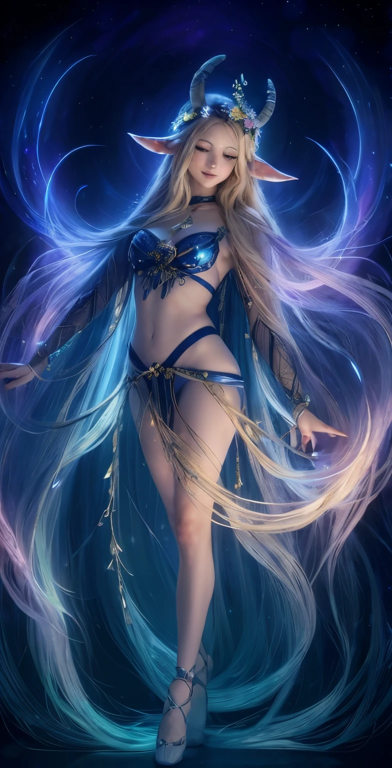 Masterpiece image of a beautiful faun priestess with blonde hair adorned with a garland of blueberries, with pointy toes extreme long nails, (divine proportion), non-douche smile, aurora borealis, night scene, Glowing Whisper, Ethereal dance, Nocturnal Grace, Silent Luminescence, Midnight Flutter, Whispering Silent, Iridescent Encounter, Moonlit Shadow, by Skyrn99, full body, (((rule of thirds))), high quality, high detail, high resolution, (bokeh:2), backlight, long exposure:2,