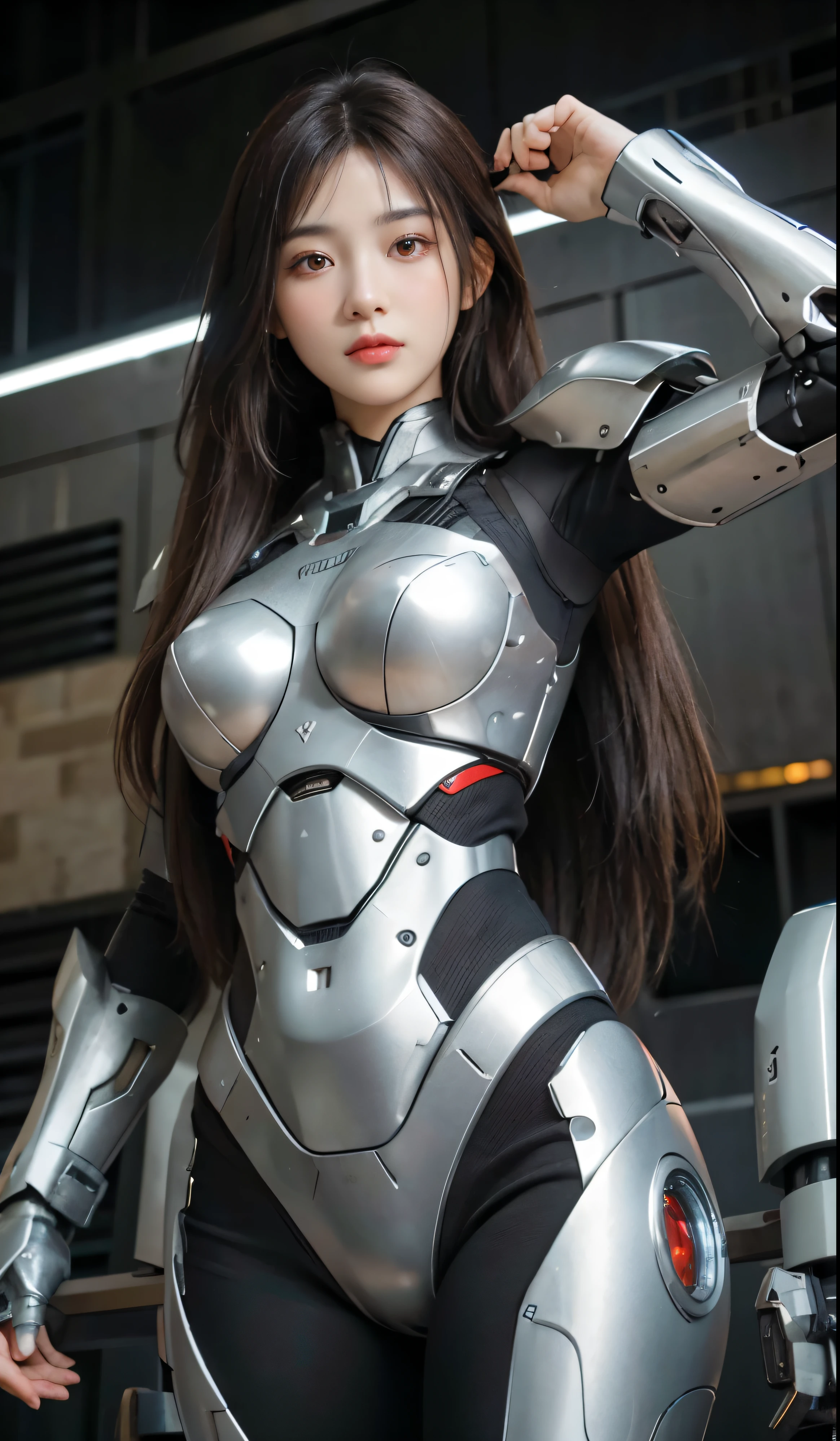 Textured skin, Super Detail, high details, High quality, Best Quality, hight resolution, 1080p, hard disk, Beautiful,(War Machine),beautiful cyborg woman,Mecha Cyborg Girl,Battle Mode,Girl with a Mecha Body,She wears a futuristic war machine weapon mech,Fulll body Shot, very very long hair brown or black silky rapunzel