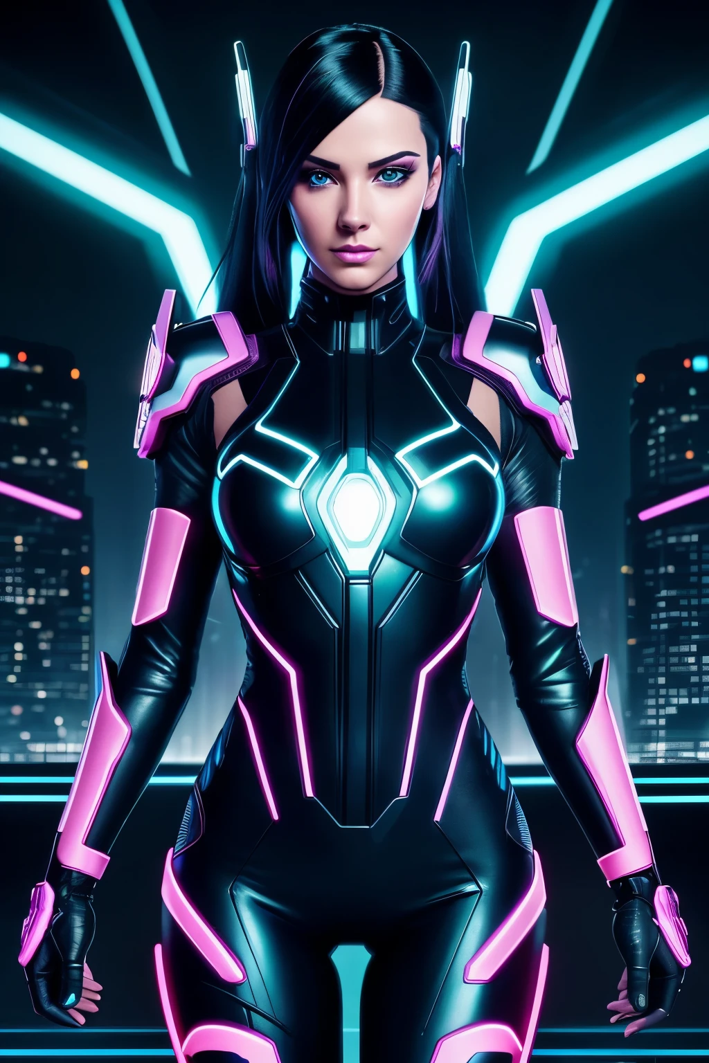 Cyberpunk girl with highly detailed portrait style, reminiscent of Max Twain's art, boasts cartoon realism and vibrant colors. Light magenta blue and black dominate the palette, while exaggerated facial features pop from the image. RTX celebrity image mashups inspire this unique representation, elevated to stunning 32k UHD resolution.
Characterized by intricate lines and sharp edges, every detail of her cybernetic enhancements glows with radiant neon hues. Her exaggerated eyes, adorned with iridescent pupils and holographic accents, convey a mix of curiosity and intensity. Her sleek, black hair, merging seam